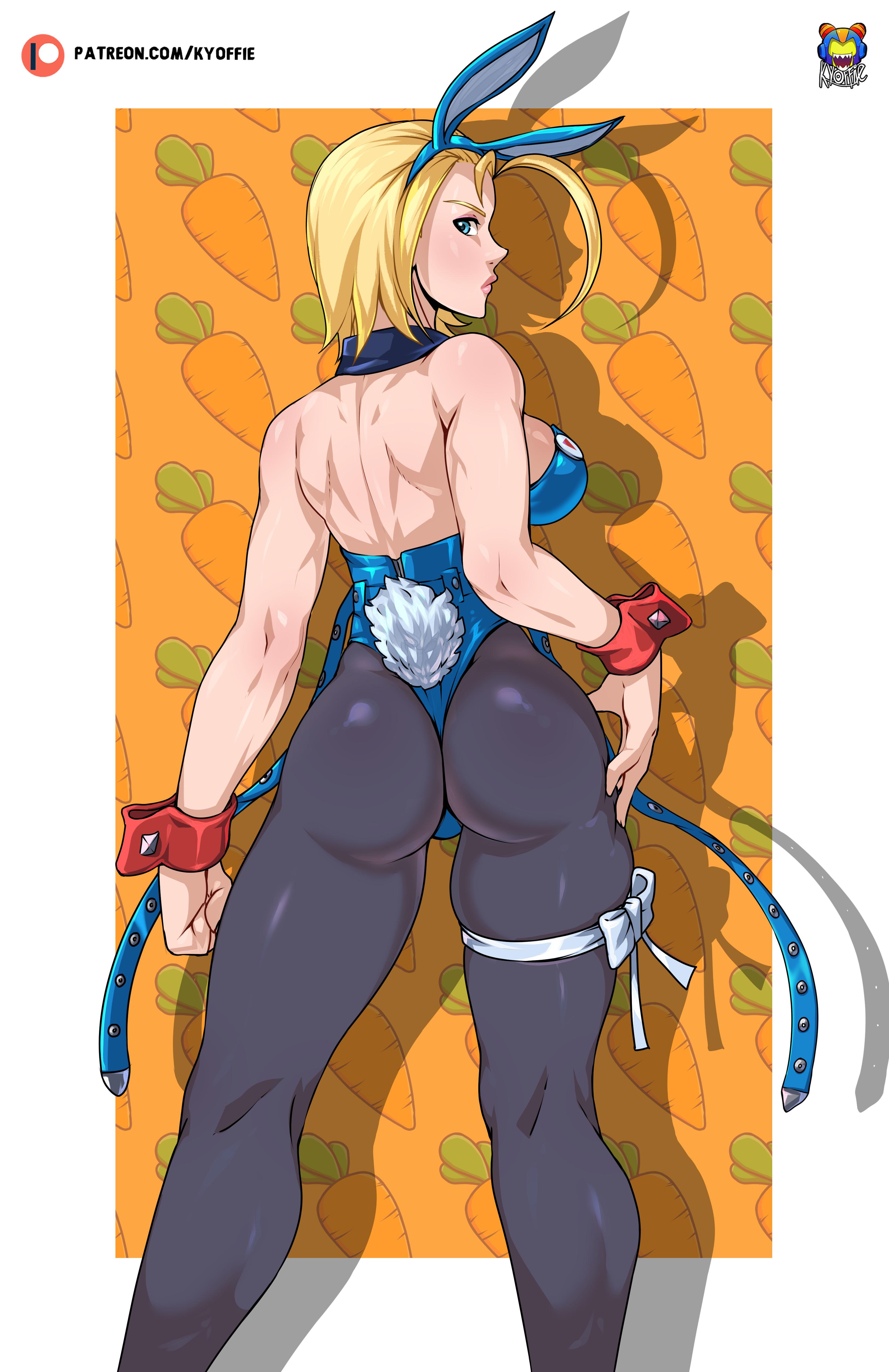 1girls, absurdres, adapted costume, ahoge, animal ears, ass, black pantyhose, blonde hair, blue eyes, blue hairband, blue leotard, breasts, bunny ears, bunny girl, bunny tail, bunnysuit, cammy white, capcom, clenched hand, detached collar, easter, fake animal ears, female, female only, from behind, fully clothed, hairband, hand on own hip, highres, huge ahoge, kneepits, kyoffie, large breasts, leg ribbon, leotard, lips, looking back, nontraditional playboy bunny, pantyhose, ribbon, short hair, shoulder blades, sideboob, solo, standing, street fighter, street fighter 6, thick thighs, thigh ribbon, thighs, thong leotard, wrist cuffs