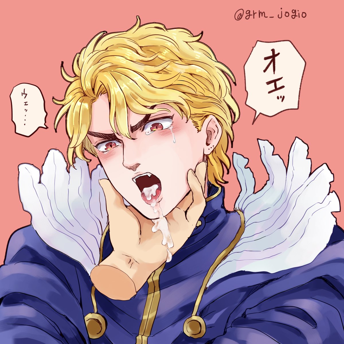 2boys after_fellatio blonde_hair commentary_request crying crying_with_eyes_open cum cum_in_mouth dio_brando ear_birthmark feathers grm_jogio highres holding implied_fellatio jojo's_bizarre_adventure jojo_no_kimyou_na_bouken long_sleeves male_focus multiple_boys no_visible_genitalia phantom_blood red_eyes short_hair speech_bubble tears tongue tongue_out translation_request