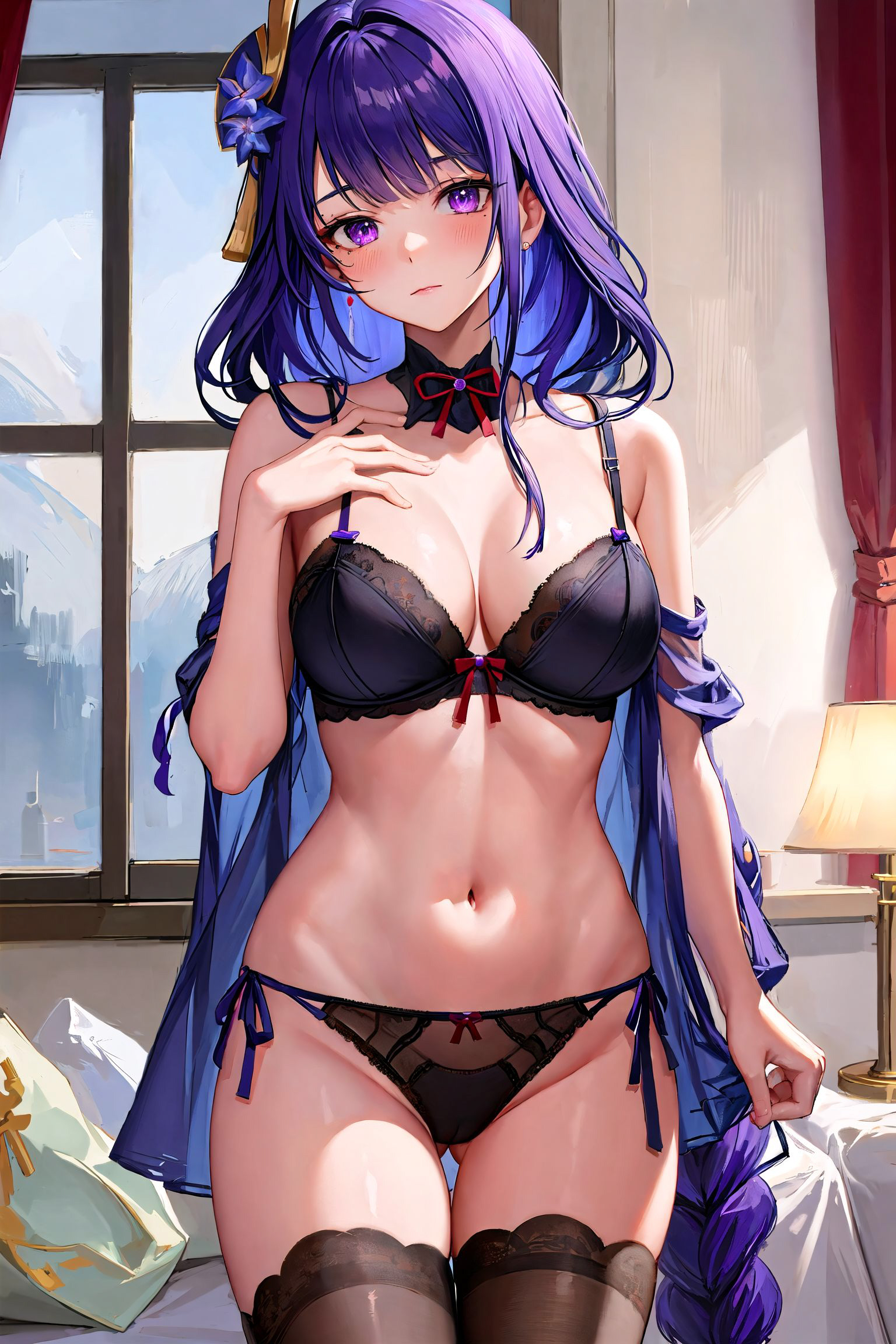 1girls, ai generated, breasts, curvaceous, curvy body, curvy female, curvy figure, female, genshin impact, hi res, huge breasts, legwear, lingerie, long hair, mihoyo, raiden shogun, seductive look, solo, solo female, solo focus, stable diffusion, underwear, violet hair