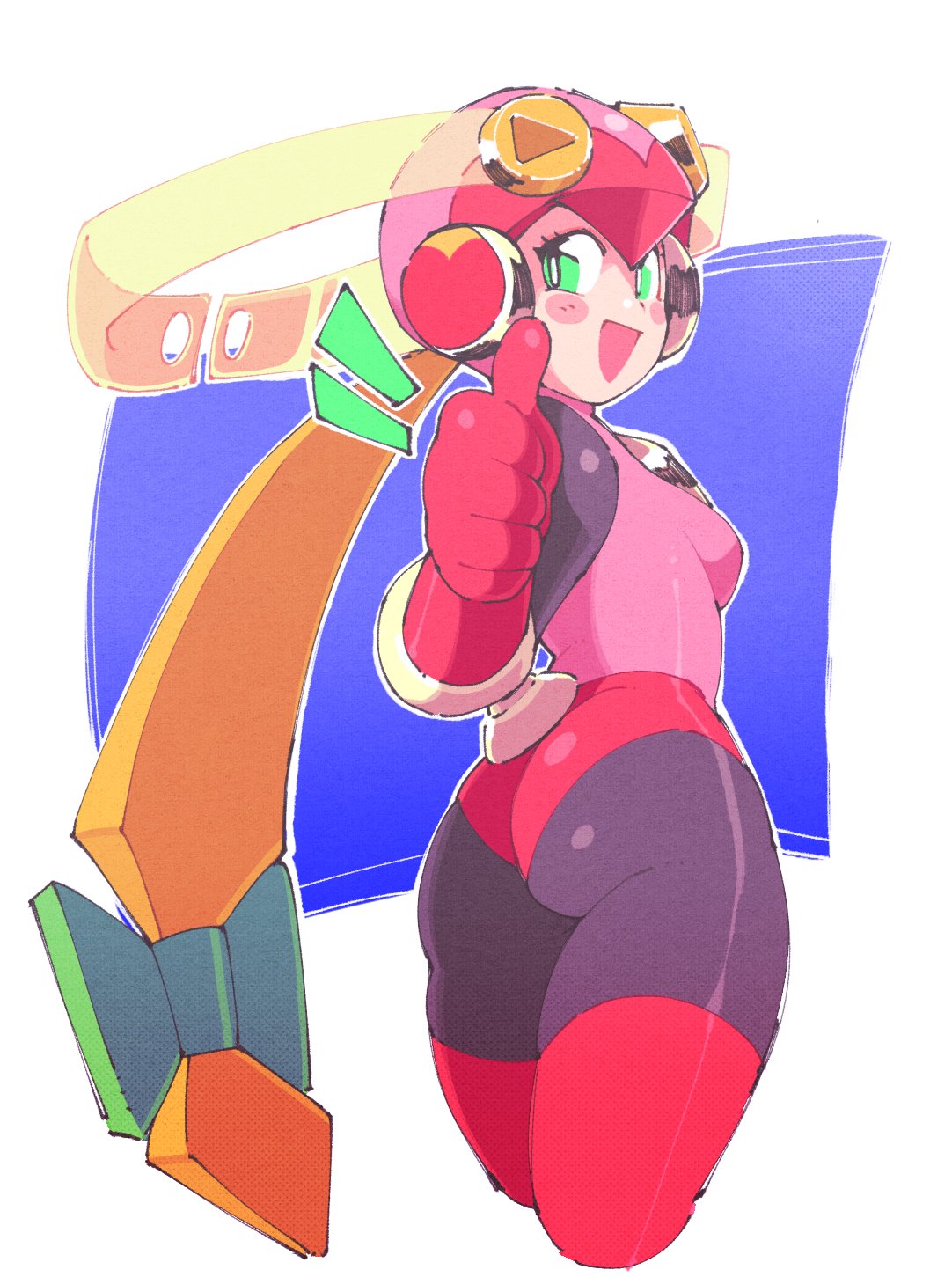 1girls 2021 ass blush female gloves helmet inkuusan leotard long_gloves looking_back mega_man mega_man_battle_network roll.exe thighhighs thighs thumbs_up