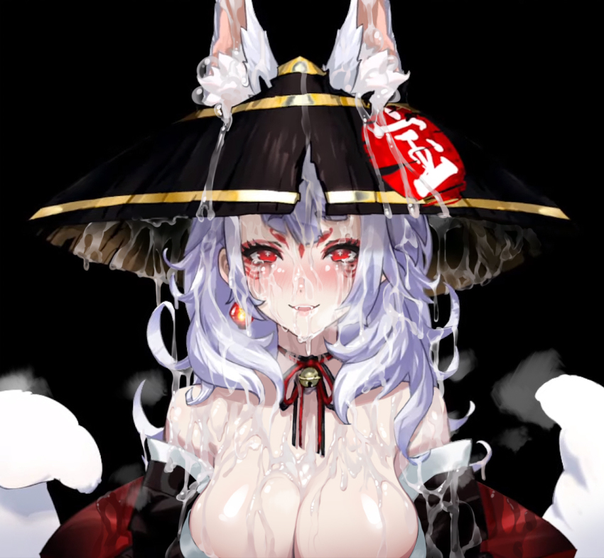 animal_ears blush breasts bukkake cleavage cum cum_bubble cum_in_ear cum_on_body cum_on_breasts cum_on_face cum_on_hair cum_on_headwear cum_on_upper_body excessive_cum facial facial_mark female fox_ears fox_girl fox_tail japanese_clothes kimono large_breasts nijisanji nijisanji_en nina_kosaka red_eyes silver_hair solo third-party_edit virtual_youtuber