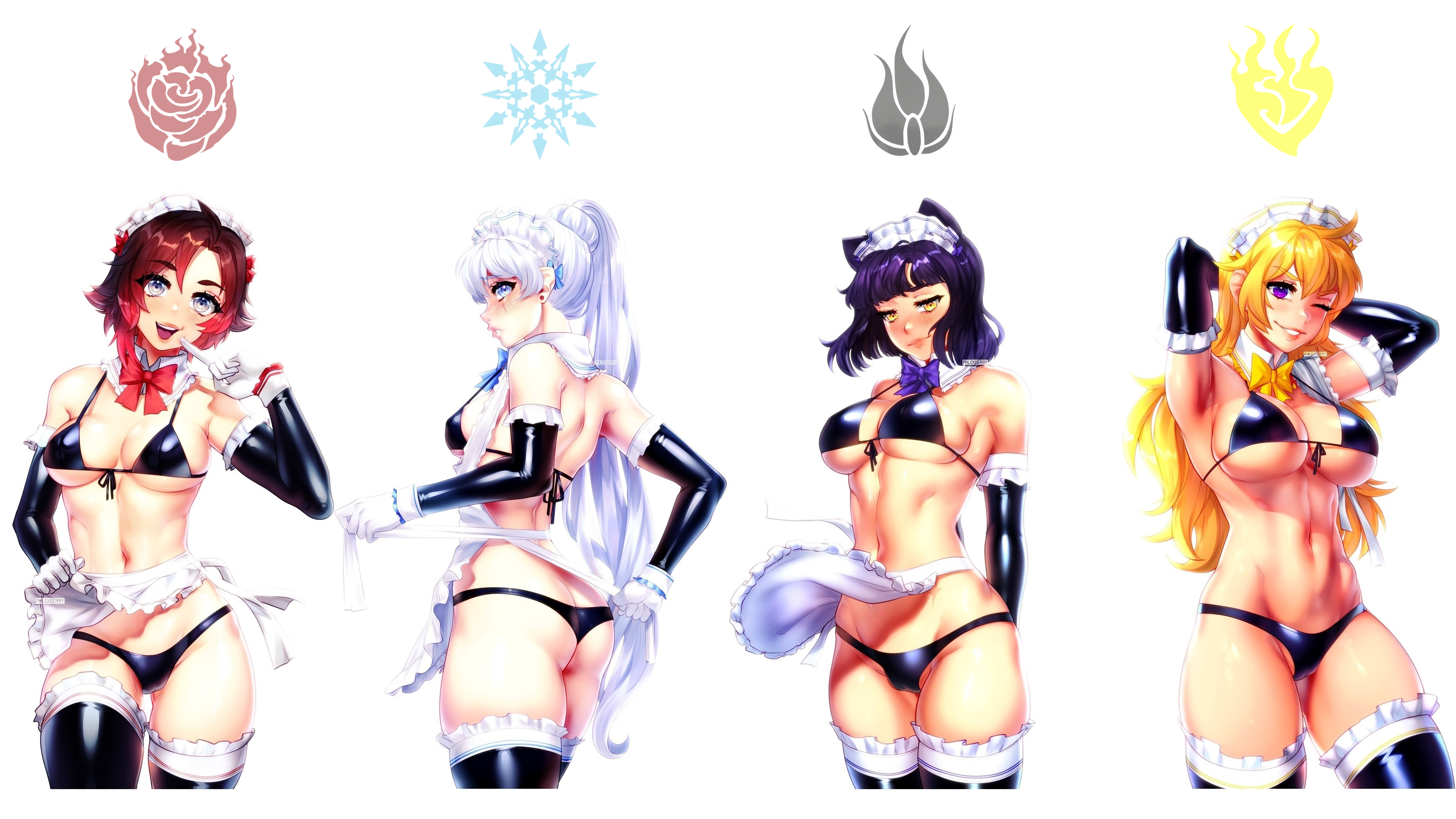 16:9, 4girls, bikini, black hair, blake belladonna, blonde hair, blue eyes, clothing, faunus, female, female only, human, maid, maid headdress, maid uniform, multiple females, multiple girls, pale skin, phloxberry, public, purple eyes, red hair, ruby rose, rwby, silver eyes, swimwear, team rwby, wallpaper, weiss schnee, white hair, yang xiao long, yellow eyes