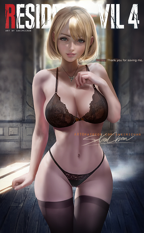 1girls, alternate version available, american, aqua eyes, ashley graham, ashley graham (ella freya), blonde hair, blue eyes, bra, breasts, capcom, cute, female, green eyes, huge breasts, light skin, light-skinned female, lingerie, looking at viewer, medium hair, panties, petite, resident evil, resident evil 4, resident evil 4 remake, sakimichan, seductive eyes, seductive look, seductive smile, short hair, slim, smile, solo, stockings, thighhighs