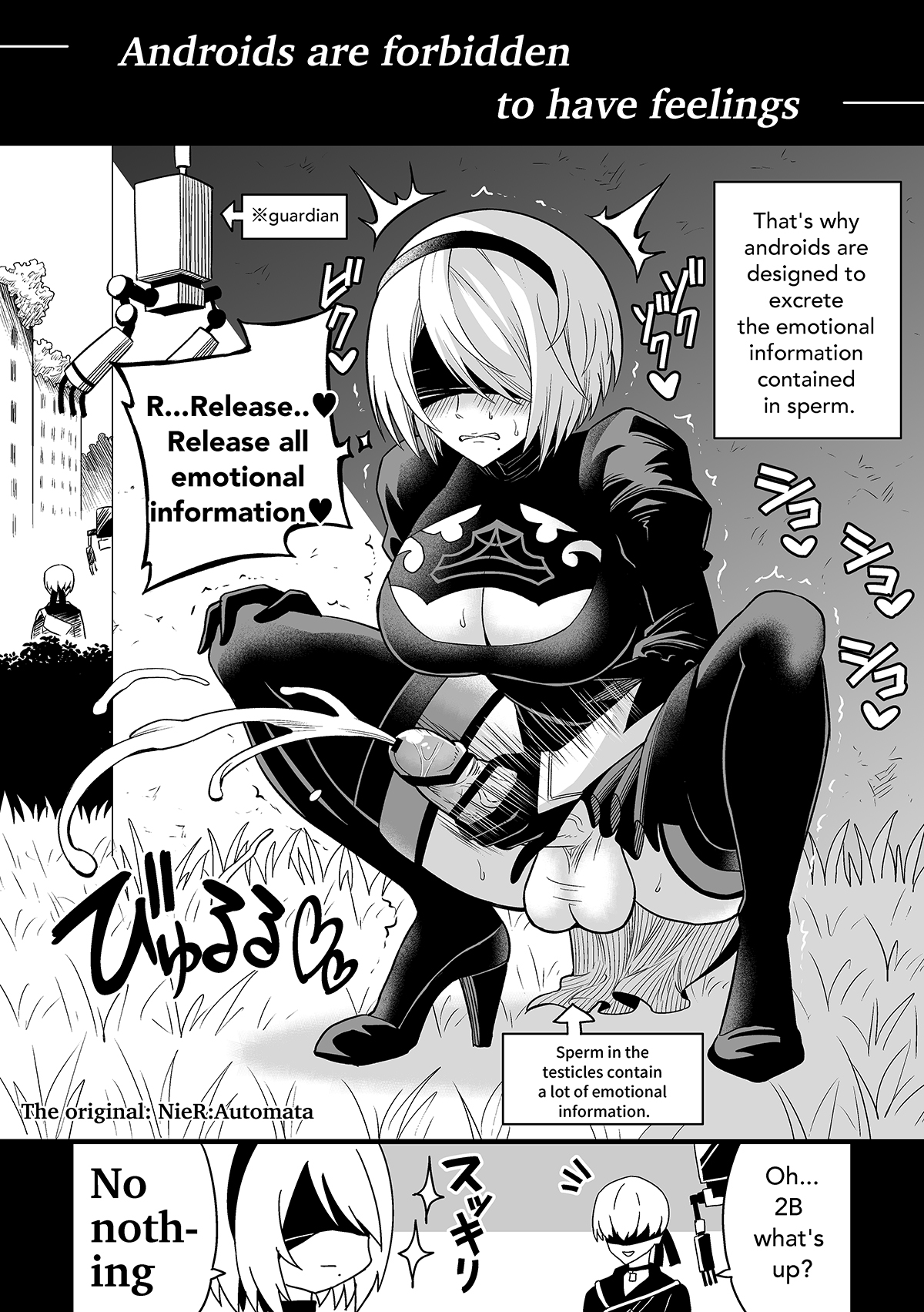 1boy, 1futa, 1girls, age difference, balls, big breasts, big penis, blindfold, bottomless, breasts, clothed, clothing, cum, cumshot, dialogue, ejaculation, english text, erect penis, erection, female, futa focus, futanari, hairband, hitsumabs, human, intersex, light skin, light-skinned futa, male, masturbation, monochrome, mostly clothed, nier, nier: automata, orgasm, outdoors, penis, personality excretion, pod (nier), short hair, squatting, testicles, text, white hair, yorha 2b, yorha 9s