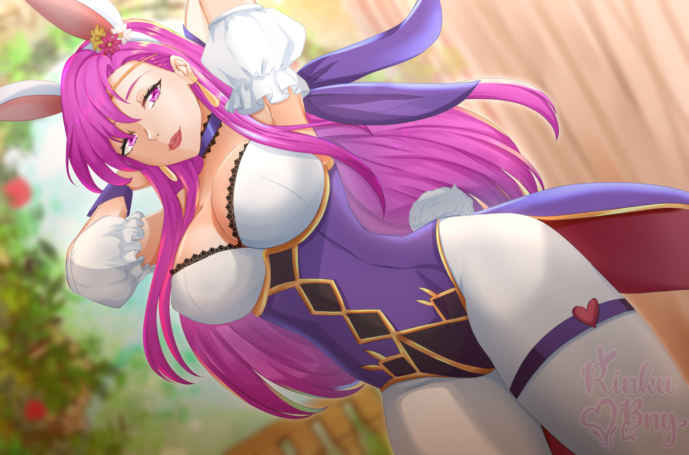 1girls alternate_costume arms_behind_head breasts brunnya_(fire_emblem) bunny_ears bunny_girl bunnysuit cleavage female female_only fire_emblem fire_emblem:_the_binding_blade fire_emblem_heroes large_breasts leotard lipstick long_hair nintendo pantyhose pink_eyes pink_hair red_lips red_lipstick rinku_bny solo very_long_hair wide_hips