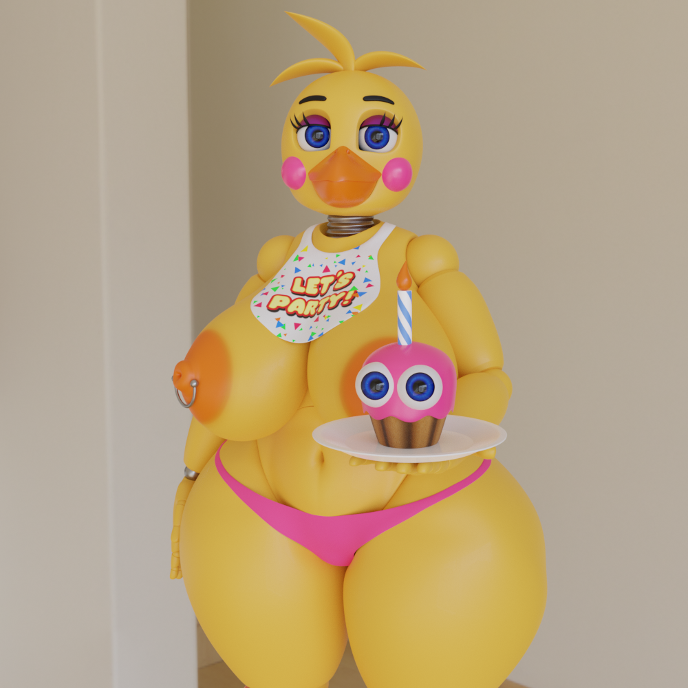 3d animatronic beak big_breasts breasts clothed clothing cupcake cupcake_(fnaf) female five_nights_at_freddy's five_nights_at_freddy's_2 g0g0g0g0g0g huge_breasts mipsmiyu nipple_piercing nipples panties robot runaboo_chica solo thick thick_thighs toy_chica_(fnaf)