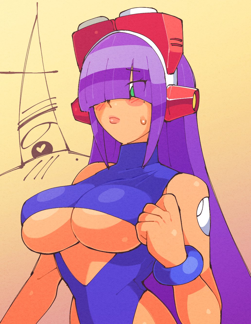 2021 android blush breasts dark-skinned_female heart-shaped_pupils inkuusan layer mega_man mega_man_x purple_hair robot_girl swimsuit underboob