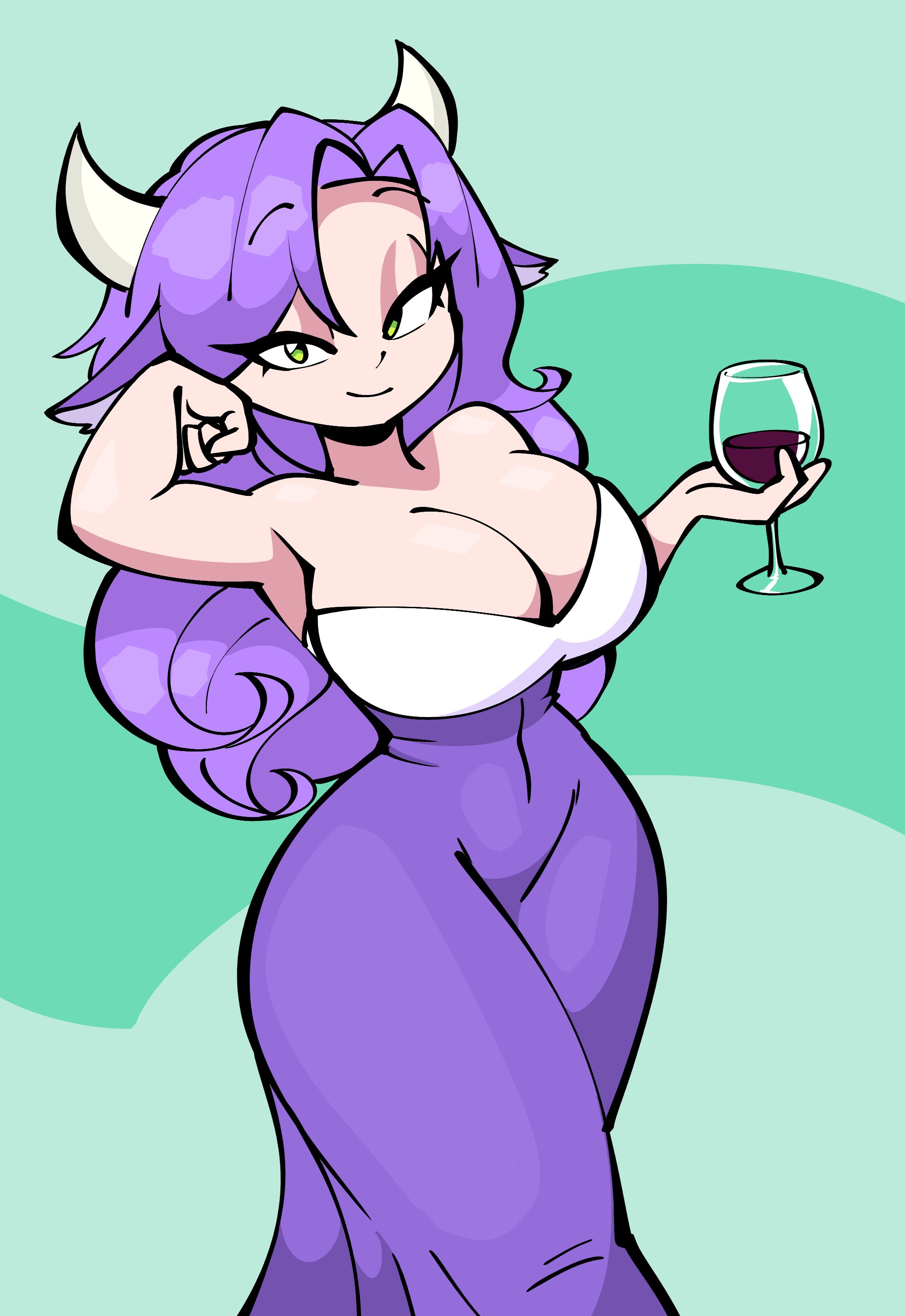 breasts, commission, cow horns, female, green eyes, holding glass, jek korpen, purple hair, tagme, tagme (character)