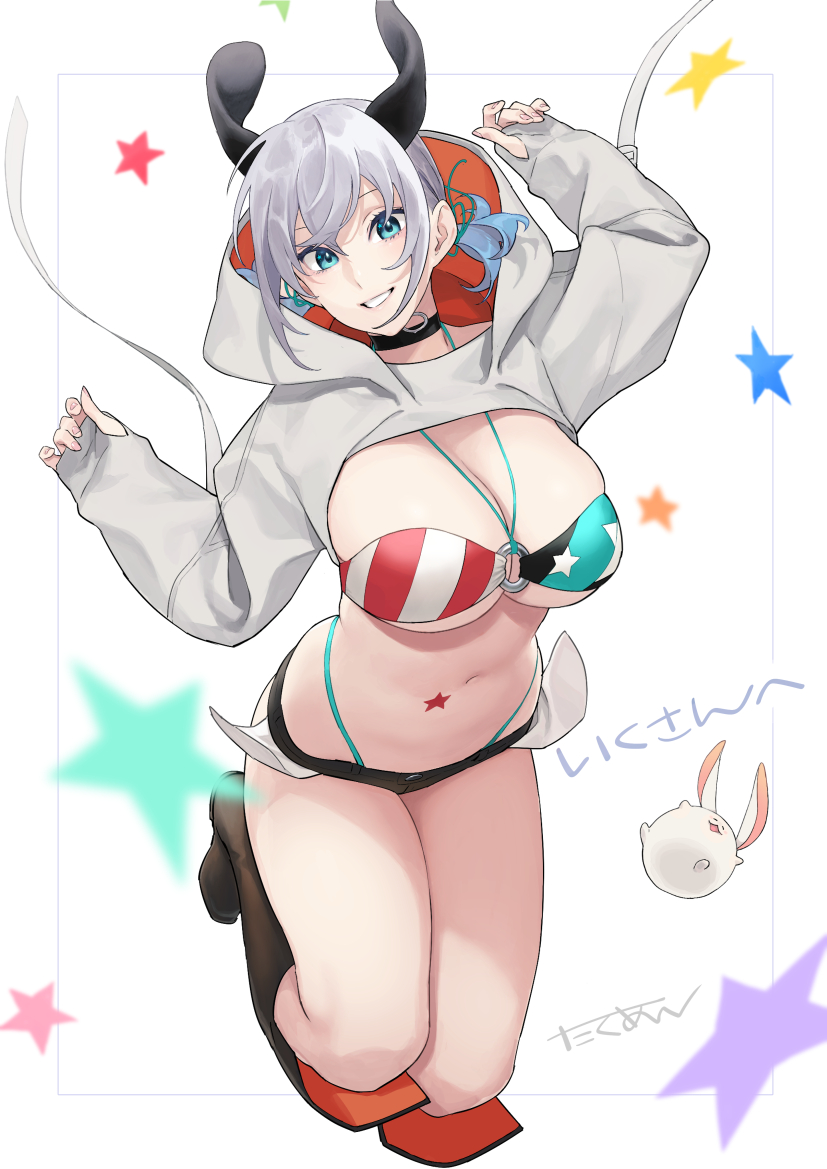 animal_ears bikini black_choker black_footwear black_shorts blue_eyes breasts character_name choker cleavage cropped_hoodie denim denim_shorts dog_ears falling female full_body gradient_hair grey_hoodie hands_up hood hood_down hoodie huge_breasts ikuchan_kaoru_(character) indie_virtual_youtuber large_breasts long_sleeves looking_at_viewer low_twintails micro_shorts multicolored_hair o-ring o-ring_top second-party_source shorts silver_hair smile solo swimsuit takuan_(takuanlunch) twintails virtual_youtuber