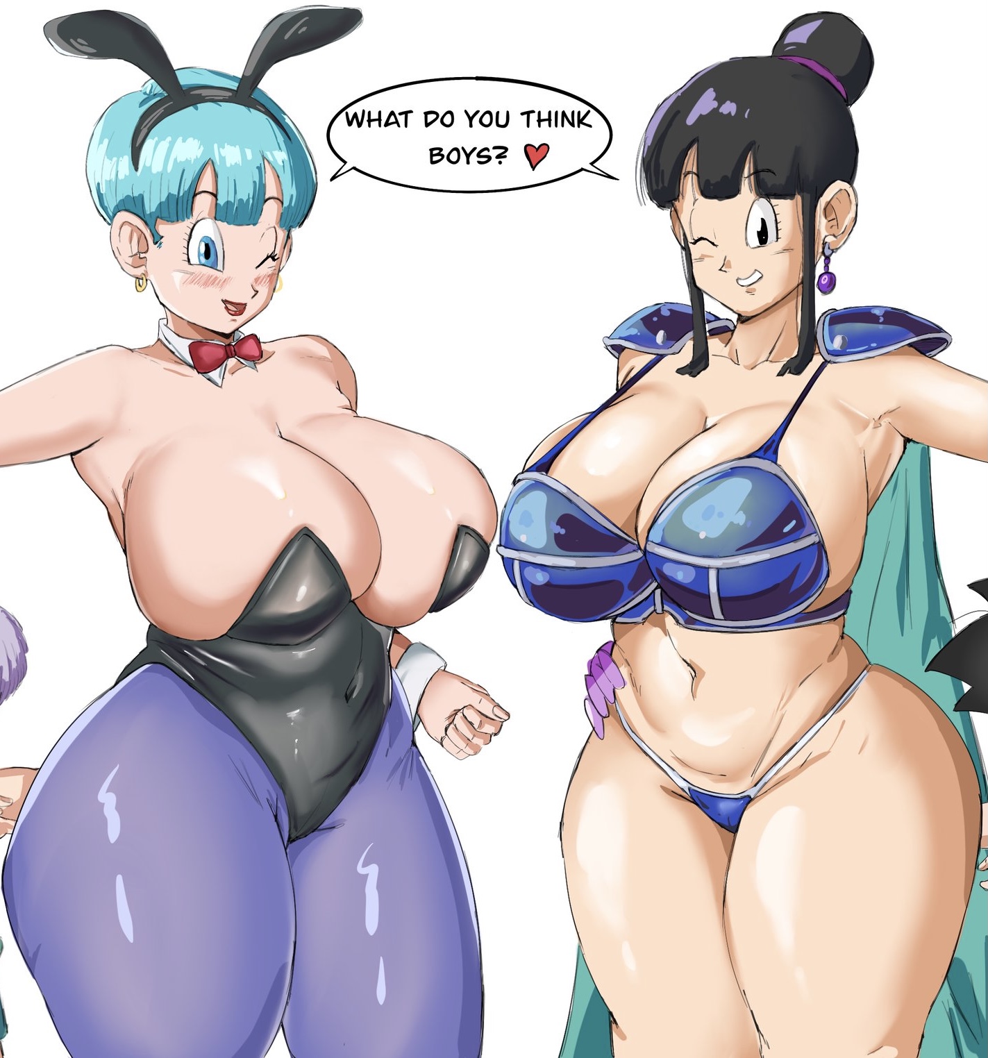 2girls, 2milfs, about to burst, ass too big, barely contained, barely contained ass, barely contained breasts, barely fits, big breasts, bikini armor, breasts, breasts too big, bulma (bunny), bulma briefs, bunnysuit, bursting breasts, chichi, chichi's armor, cleavage, dragon ball, dragon ball z, english, english text, female, female only, huge breasts, imminent wardrobe malfunction, mature female, milf, milfs, multiple females, multiple girls, panarandom, text, text bubble, tight fit, toei animation, too tight, undersized clothes, undersized clothing, wardrobe malfunction, white background