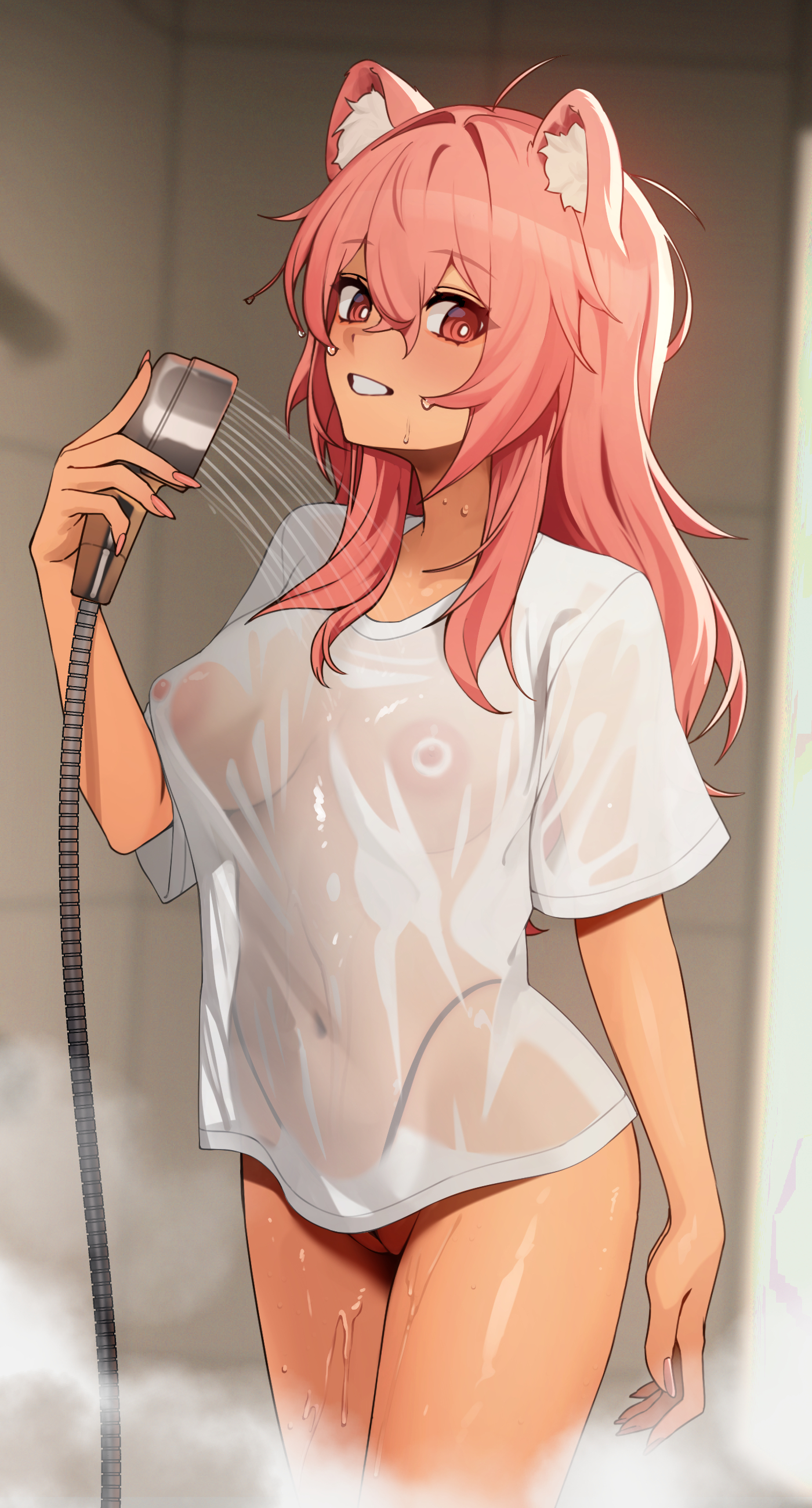 1girls, animal ears, areolae, arknights, big breasts, breasts, breasts visible through clothing, chest, dark skin, dark-skinned female, ett, female, female only, gravel (arknights), hands, highres, holding shower head, long hair, looking at viewer, nail polish, nails, navel visible through clothes, nipples, nipples visible through clothing, no bra, pink eyes, pink hair, pussy, seductive, shower, shower head, showering, skimpy panties, smile, solo, standing, t-shirt, thong, transparent clothing, wet clothes, wet hair, wet skin, wet t-shirt, white clothing