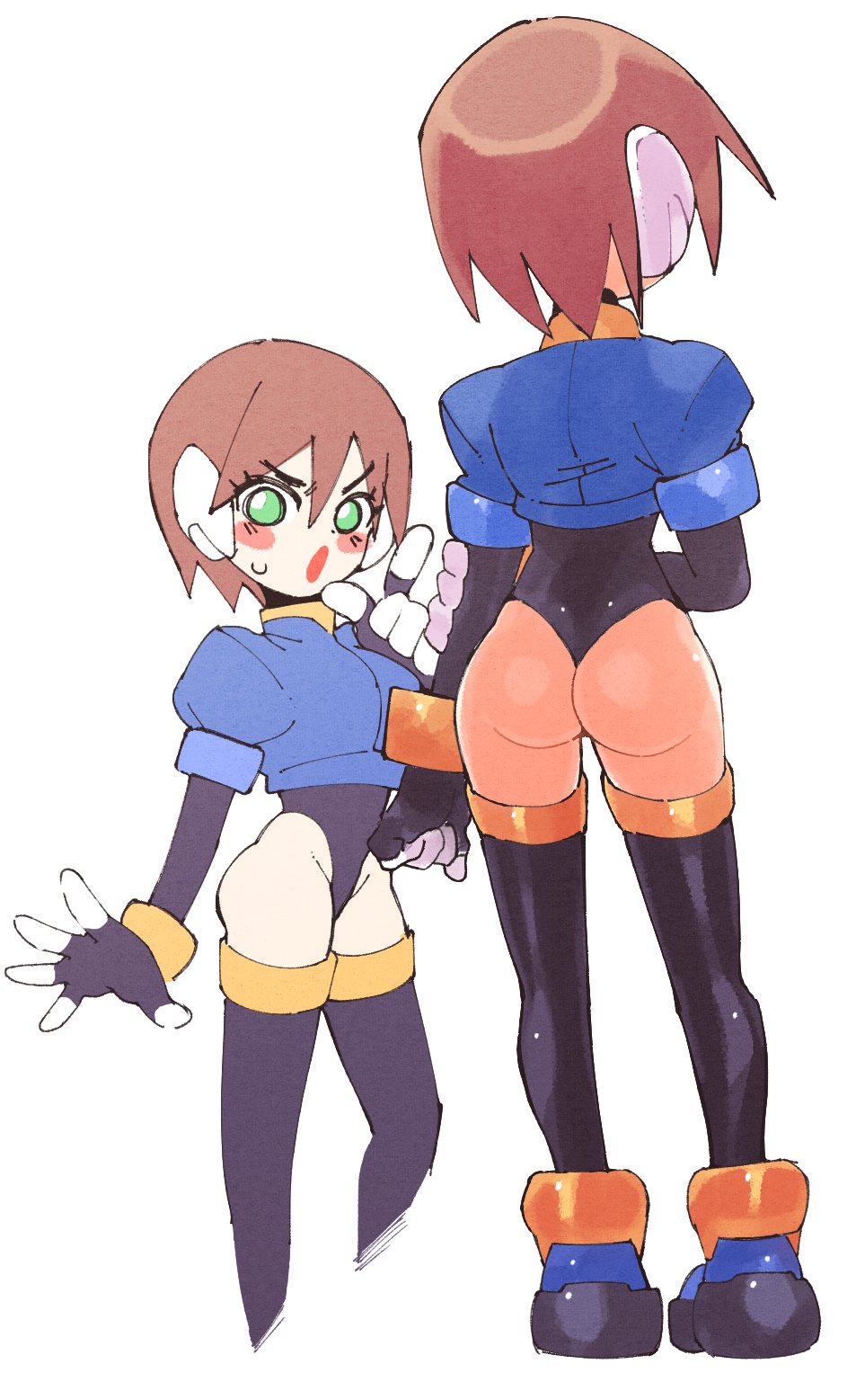 1girls, 2021, aile, ass, ass focus, back, blush, brown hair, female, inkerton-kun, inkuusan, leotard, mega man, mega man zx, short hair, solo female, thighhighs, thong leotard