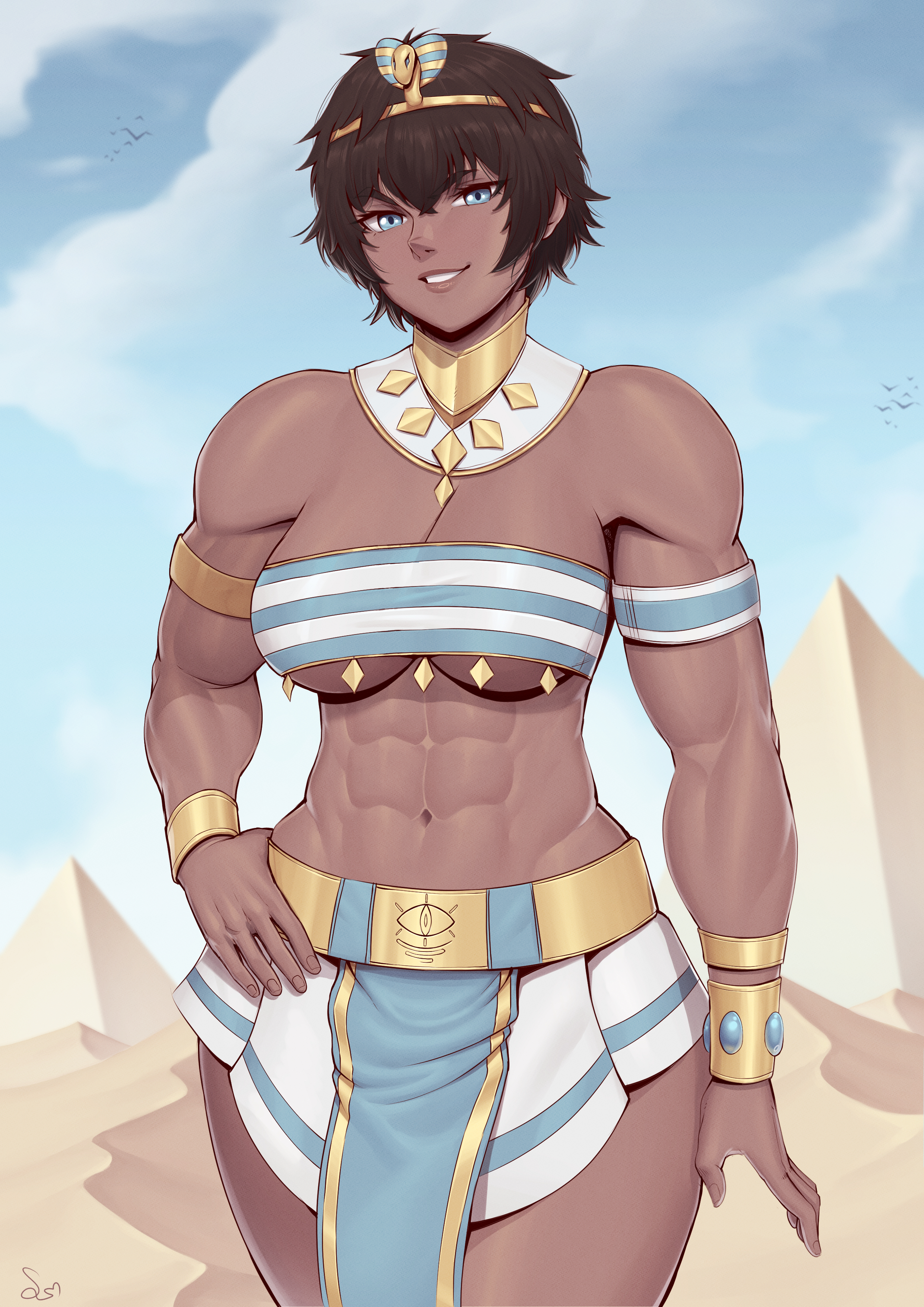 1girls, abs, absurd res, biceps, black hair, blue eyes, blush, breasts, cleavage, dark skin, dark-skinned female, egyptian clothes, female, hand on own hip, hi res, large breasts, looking at viewer, muscular, muscular arms, muscular female, navel, original, original character, outdoors, parted lips, short hair, signature, smile, solo, speedl00ver, tomboy, underboob