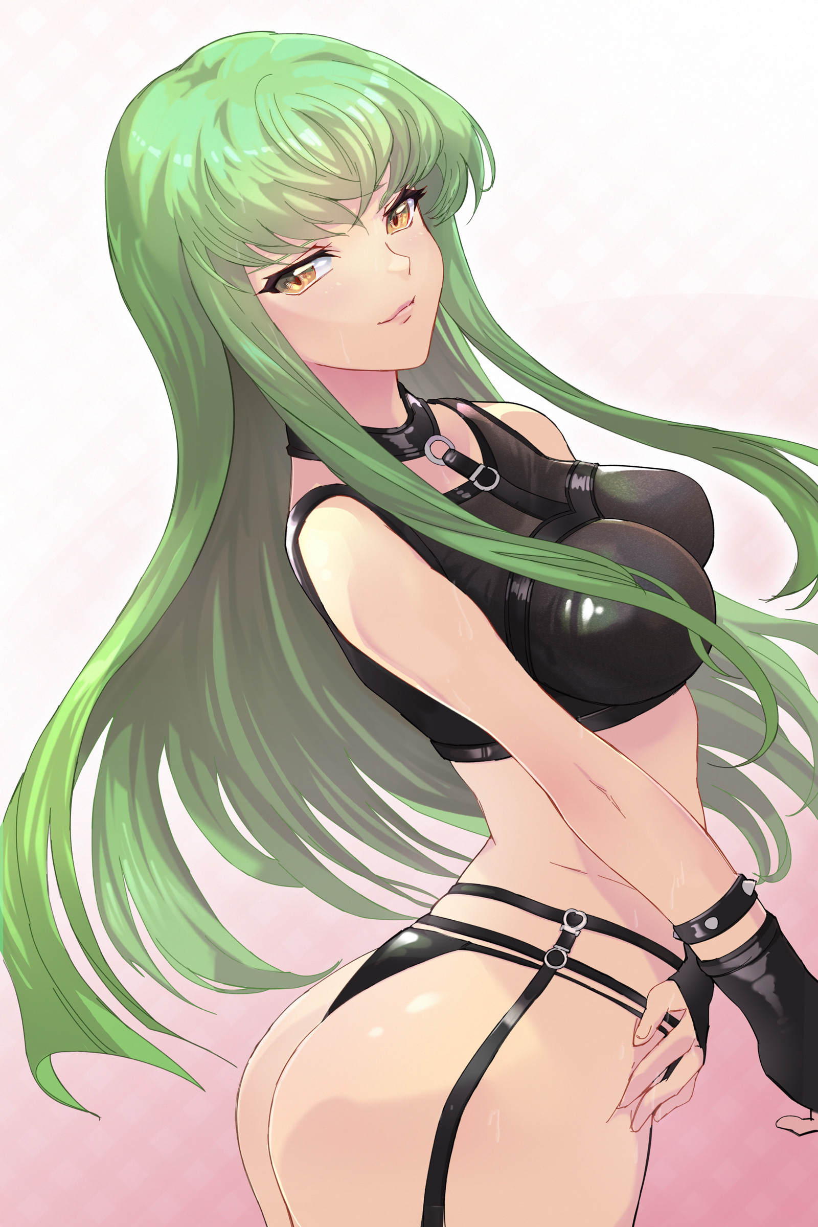1girls, ass, bare arms, bare shoulders, black gloves, black shirt, breasts, c.c., code geass, cowboy shot, female, female only, fingerless gloves, gloves, green hair, large breasts, light skin, light-skinned female, looking at viewer, shan laotou, shirt, sidelocks, sleeveless, smile, solo, very long hair, yellow eyes