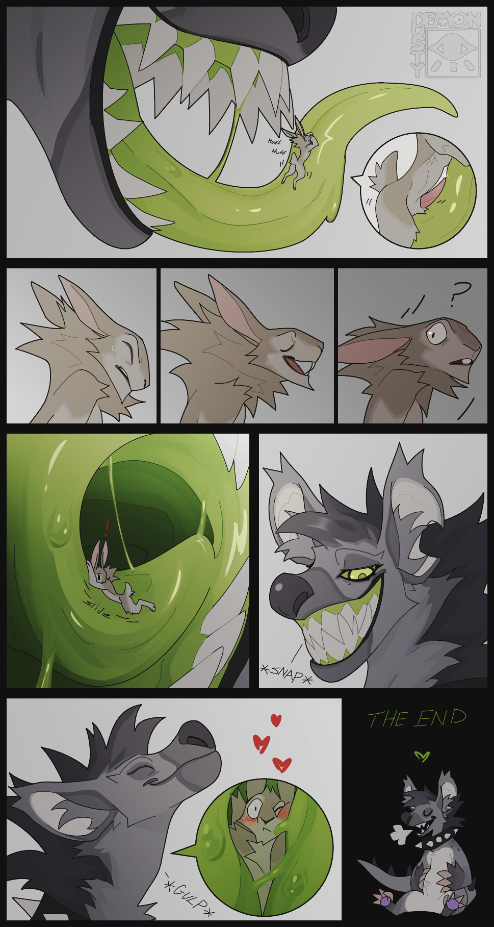 animal_humanoid anthro ash_(dusty-demon) blush clenched_teeth comic duo dusty-demon female fur genitals green_eyes green_tongue grinding_on_tongue hi_res humanoid hyena hyena_humanoid lagomorph lagomorph_humanoid leporid_humanoid macro male male/female mammal mammal_humanoid oversized_fellatio oversized_oral penis penis_on_tongue penis_size_difference rabbit_humanoid size_difference size_play smile teeth teeth_showing tongue vore