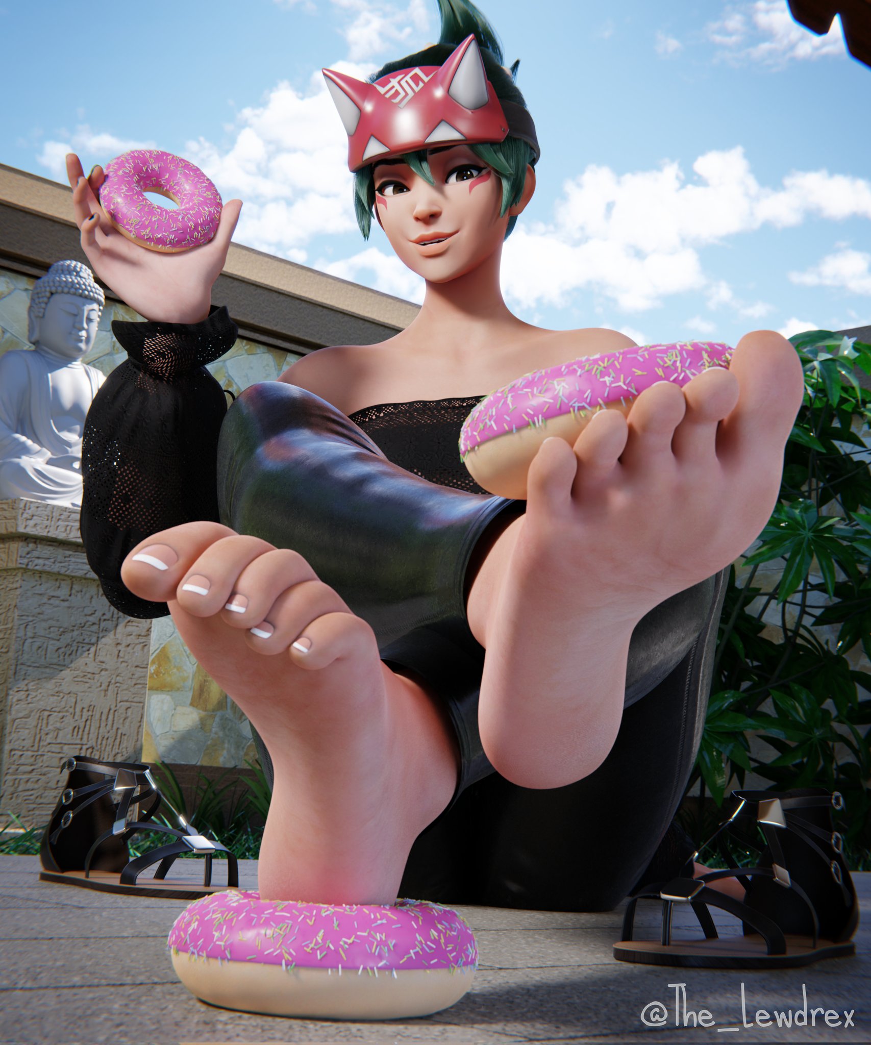 1girls, 3d, blender, blizzard entertainment, bottomwear, clothed, clothing, clouds, detailed background, donut, face markings, facial piercing, feet, female, female only, foot focus, french nails, giantess, green hair, headband, headwear, highres, jeans, kiriko (overwatch), kiriko kamori, lewdrex, light skin, light-skinned female, looking at viewer, on floor, outdoors, outside, overwatch, overwatch 2, pants, sandals, sitting, sky, solo, topwear, watermark