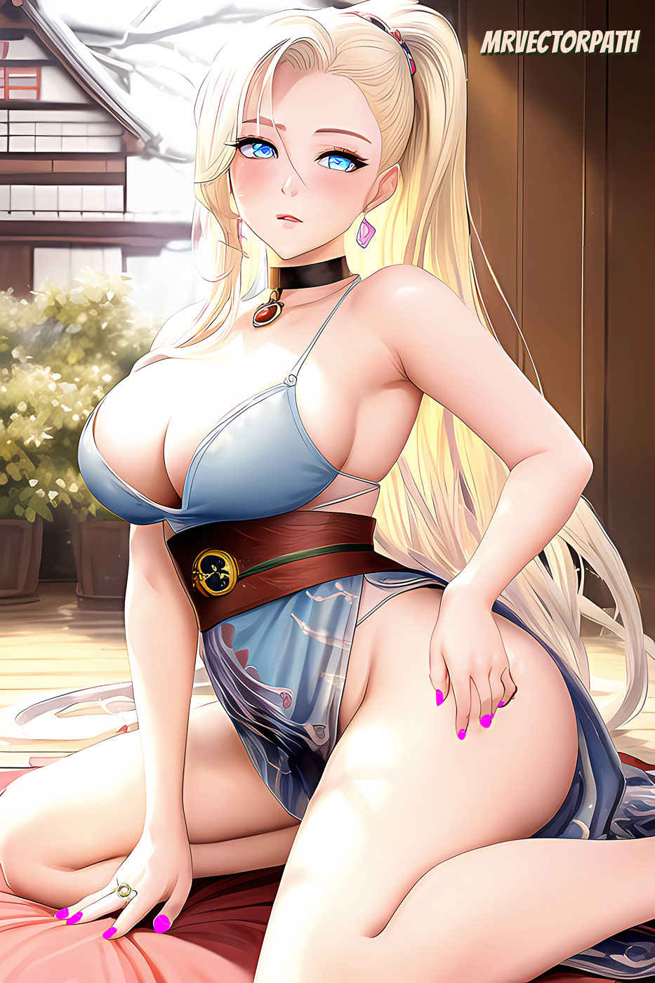 1girls, ai generated, aqua eyes, arm support, bare legs, bare shoulders, bare thighs, big breasts, blonde hair, blue eyes, blush, breasts, busty, choker, cleavage, dress, earrings, female, female only, g-string, indoors, ino yamanaka, jewelry, kimono, kneeling, light blue eyes, long hair, looking at viewer, mrvectorpath, nail polish, naruto, naruto (series), naruto shippuden, naruto: the last, no bra, on knees, revealing clothes, ring, solo, solo focus, sunlight, very long hair, voluptuous, wide hips