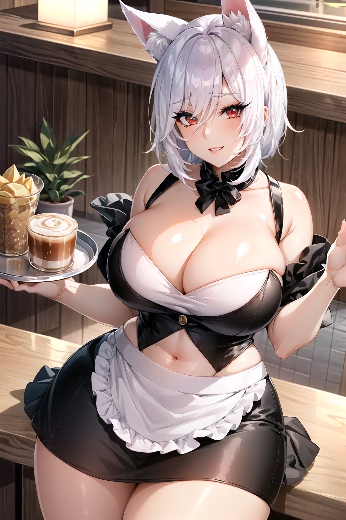 1girls, ai generated, cat ears, cat girl, catgirl, curvaceous, curvy female, female, female focus, female only, hi res, high resolution, looking at viewer, maid, maid uniform, red eyes, seductive look, short hair, stable diffusion, voluptuous, voluptuous female, white hair