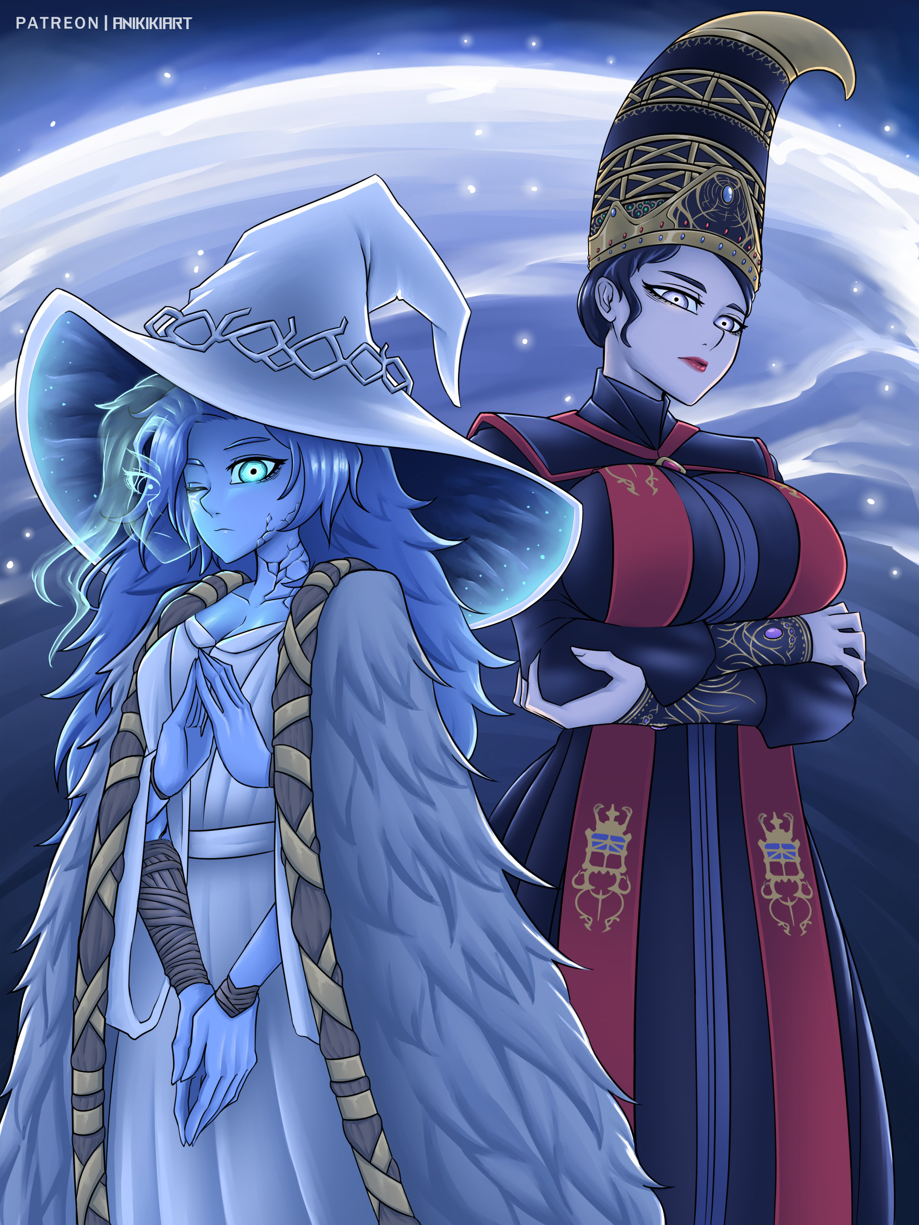 2girls, anikiki kun, ass, big ass, big breasts, blue hair, breasts, daughter, elden ring, female, female only, fromsoftware, huge breasts, light skin, light-skinned female, mother, mother and daughter, ranni the witch, rennala queen of the full moon, wide hips