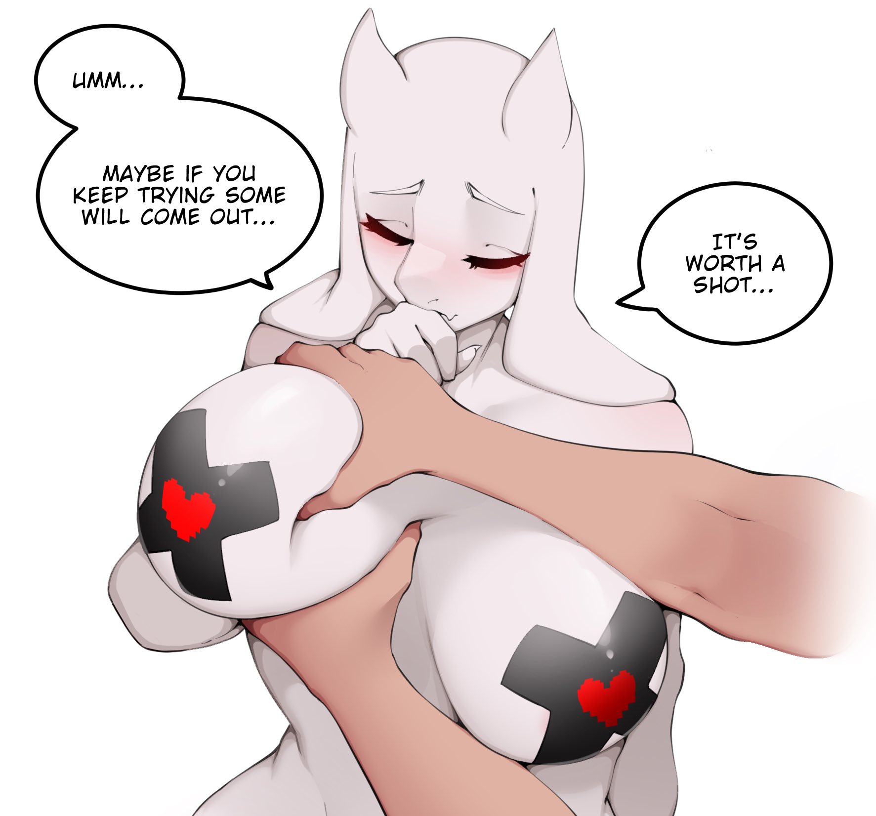 1boy, 1girls, 2d, anthro, big breasts, blush, breast grab, breast squeeze, breasts, caprine, closed eyes, color, dialogue, english, english dialogue, english text, female, female focus, floppy ears, fur, furry, furry only, goat, goat ears, goat horns, grabbing breast, hi res, horns, luxurias, male, milf, nipple pasties, pasties, speech bubble, tagme, text, toriel, undertale, undertale (series), white background, white fur, x pasties