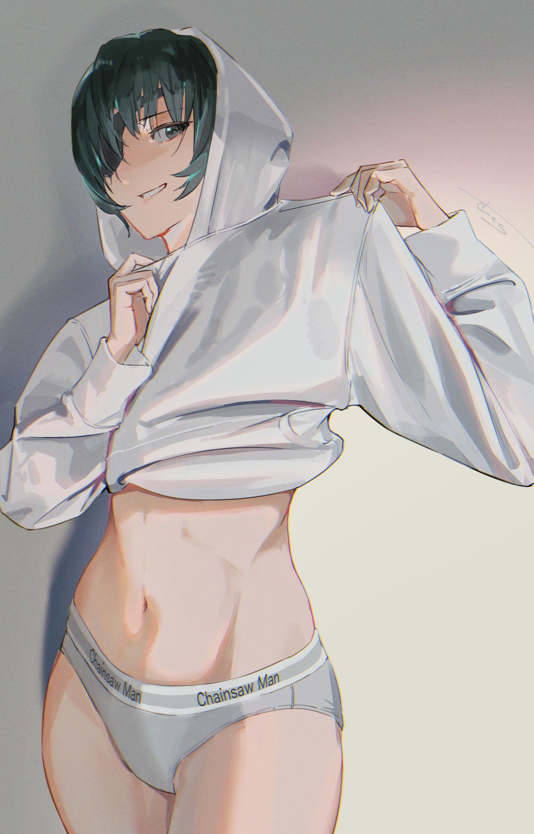 ass, big ass, big breasts, breasts, chainsaw man, female, female only, himeno (chainsaw man), hoodie, light skin, light-skinned female, lingerie, looking at viewer, mappa, navel, seies ss, smile, thick thighs, underwear