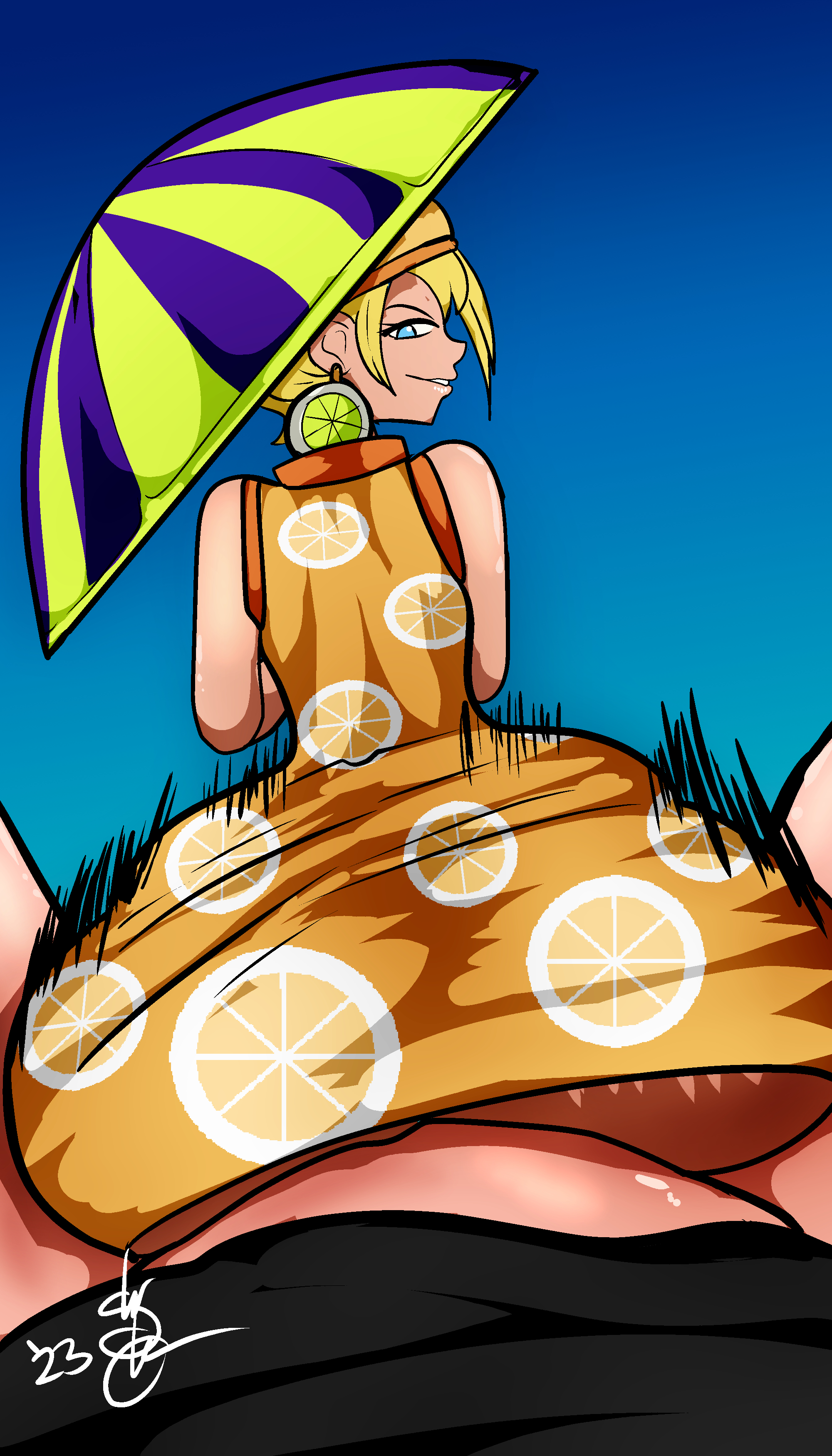 18lewdtriangle, 1boy, 1girls, ambiguous penetration, ass, big ass, big butt, blonde hair, blue eyes, dress, eyebrows, eyelashes, fat ass, female, large ass, light skin, light-skinned female, looking back, male, mikita (one piece), miss valentine, one piece, partial male, sex, shaozchampion, sitting, sitting on person, straight, umbrella, watermark