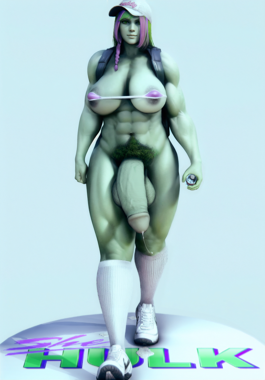 1futa 3d abs ai_generated baseball_cap bikini bikini_top cum_puddle dripping_cum flaccid futa_only futanari green_hair green_skin hdregrets knee_high_socks kneehighs large_areolae large_ass large_penis marvel muscular muscular_futanari pubic_hair she-hulk sneakers socks solo solo_futa standing thick_thighs walking