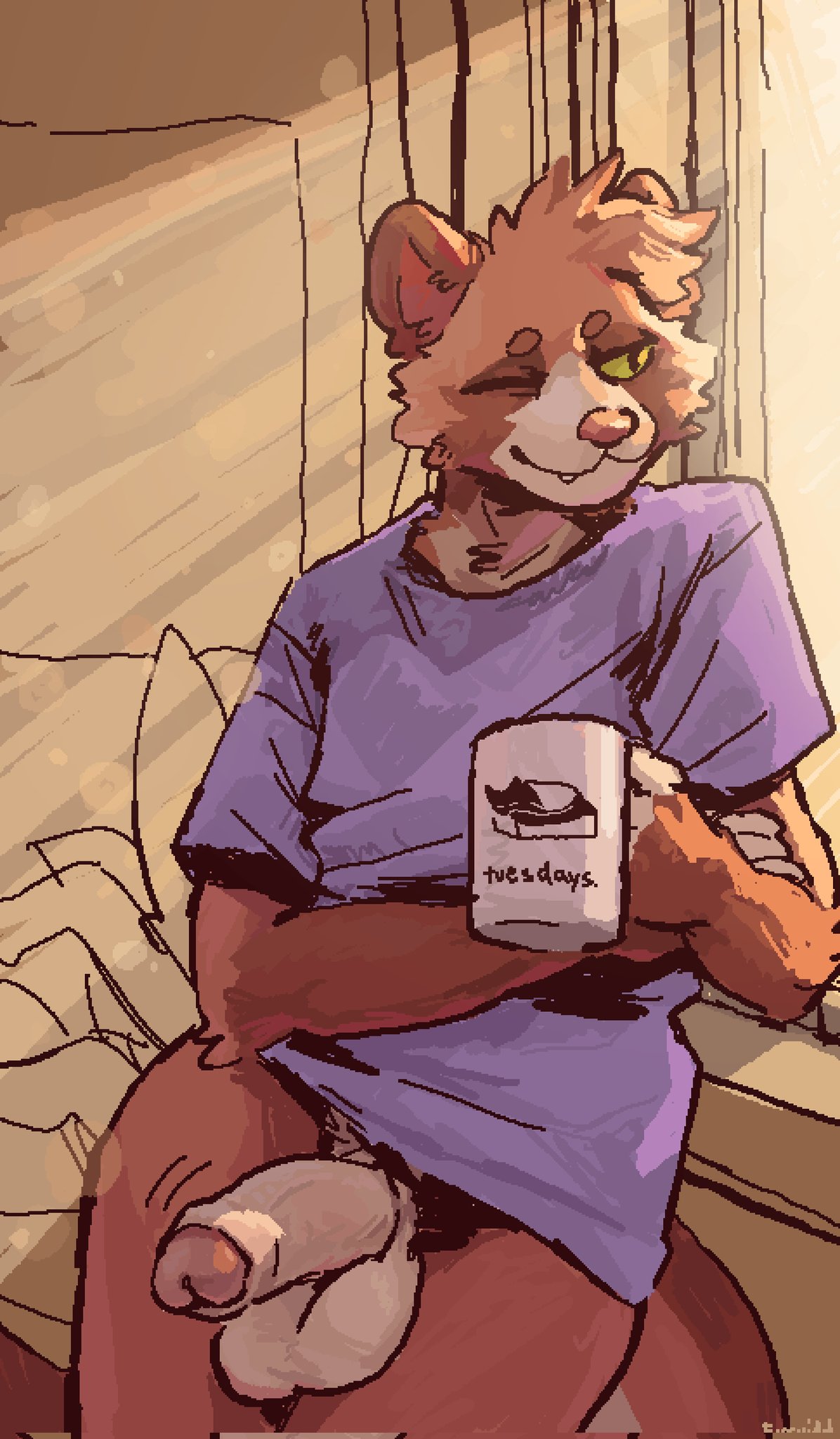 anthro balls bottomless canid canine casual_bottomless casual_nudity clothed clothing coffee_mug deren_(kagami_valgus) flaccid foreskin furvidd genitals green_eyes half-erect hi_res humanoid_genitalia light male male_only mammal one_eye_closed pantsless penis raccoon_dog shirt shirt_only solo sunlight t-shirt tanuki topwear topwear_only wink