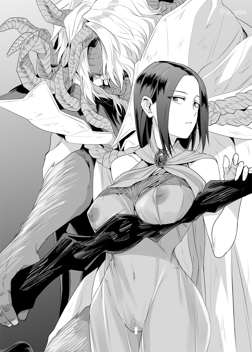 1boy 1girls a_mn big_breasts body_hair breast_lift elden_ring female fromsoftware hairy horns human humanoid interspecies looking_at_viewer male monochrome monster morgott_the_omen_king nipples_visible_through_clothing no_bra no_panties see-through_clothing size_difference tarnished