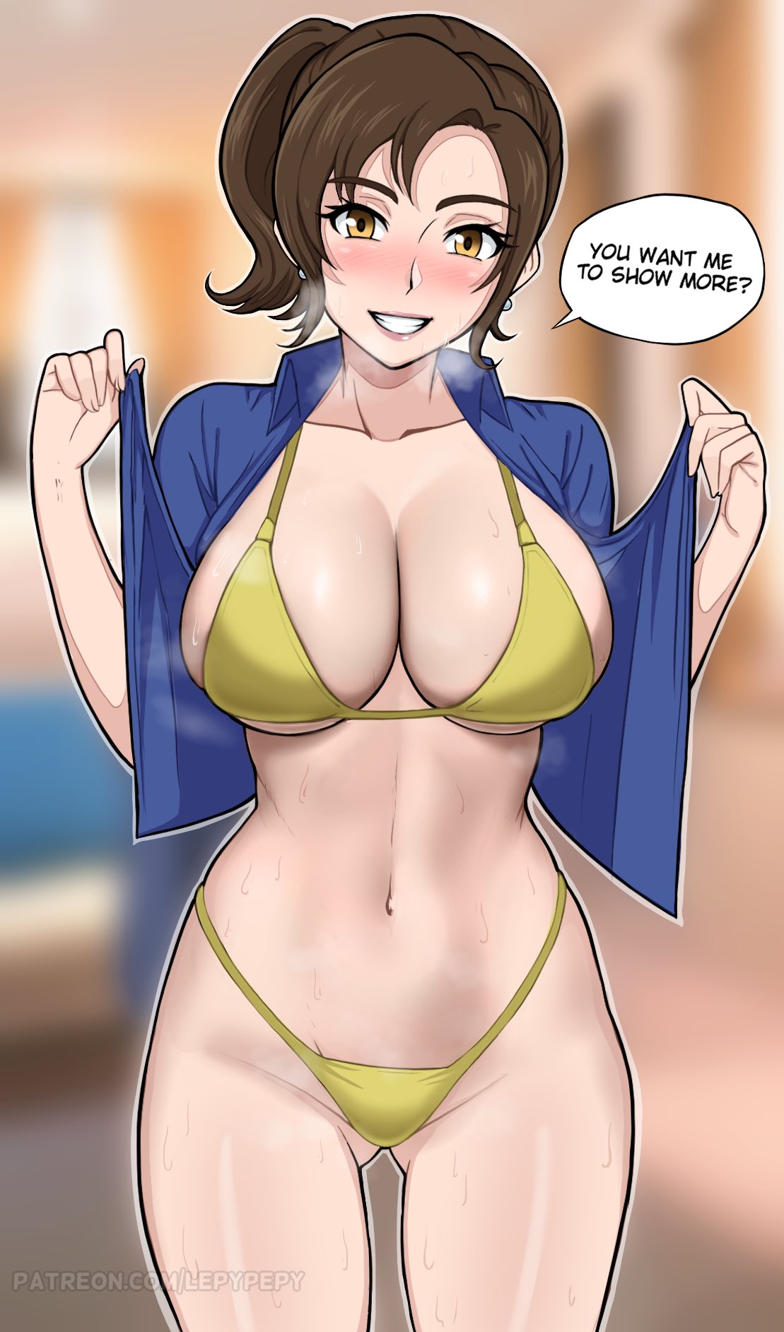 1girls bikini bikini_bottom bikini_top blue_shirt blush breasts brown_eyes brown_hair cleavage ear_piercing earrings english english_text female female_only game_freak huge_breasts large_breasts lepypepy mature mature_female mature_woman milf mother mother_(pokemon_sv) open_shirt pokemon pokemon_sv shirt smile solo speech_bubble steam steaming_body steamy_breath sweat sweatdrop sweaty swimwear text thighs topwear yellow_bikini