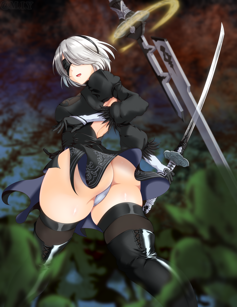 1girls 2boys ass backless_outfit big_ass big_breasts black_dress blindfold blurry_background breasts colored_skin dress female_focus gloves goblin goblin_male green_skin hairband imminent_rape large_breasts looking_at_viewer looking_back m.i.y monster multiple_boys nier nier:_automata open_mouth short_hair skirt surrounded sword thick_thighs thighhigh_boots thighhighs thighs upskirt weapon white_hair wide_hips yorha_2b