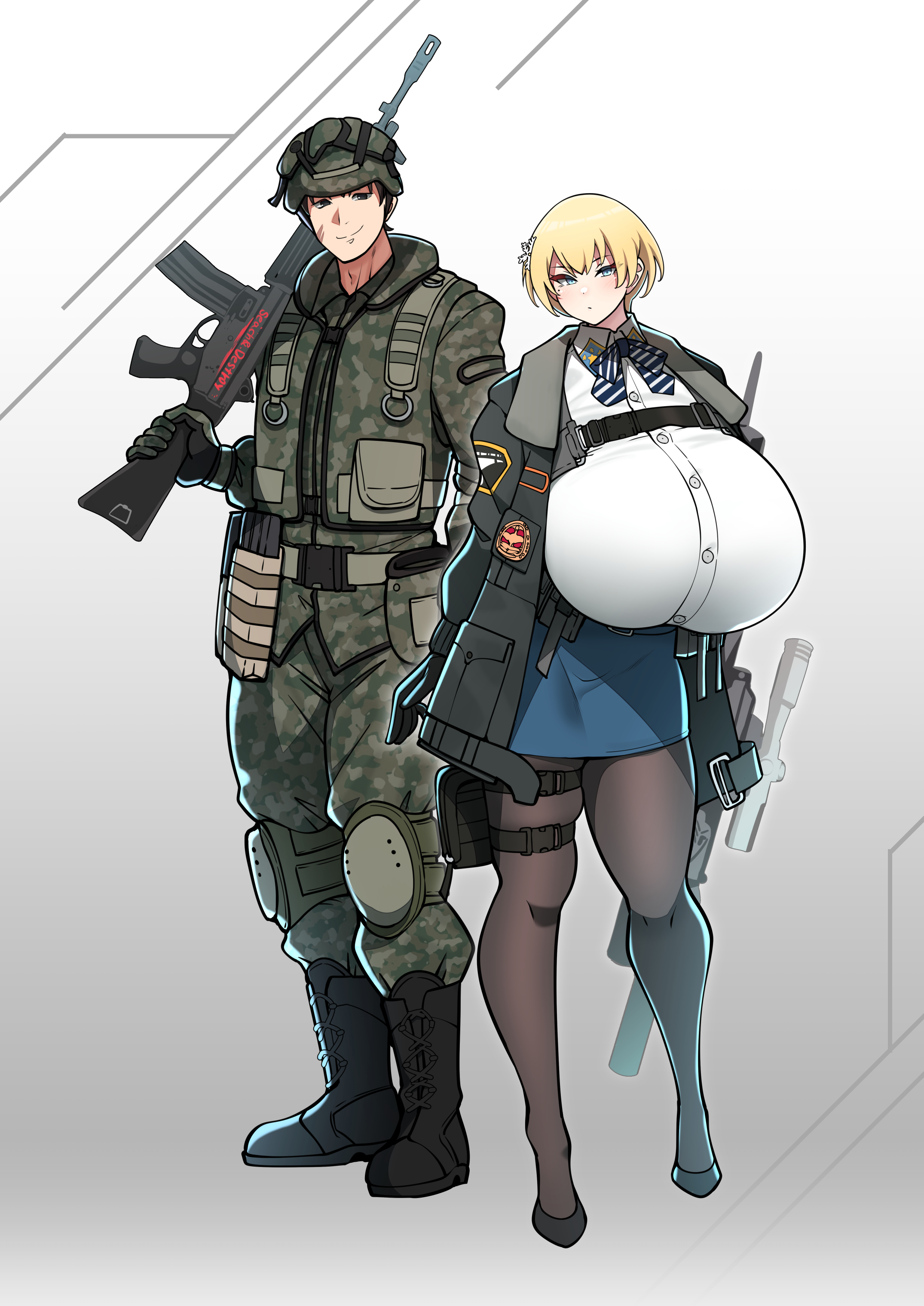 1boy, 1girls, absurdres, assault rifle, blonde hair, blue eyes, blush, boots, bow, breasts, camouflage, closed mouth, curvy, female, full body, gigantic breasts, girls' frontline, gloves, gun, hair ornament, helmet, highres, howa type 89, jacket, knee pads, konoshige (ryuun), looking at viewer, male, military, military uniform, over shoulder, pantyhose, pixie cut, rifle, ryuun (stiil), shirt, shoes, short hair, skirt, standing, thick thighs, thighs, uniform, vsk-94, vsk-94 (girls' frontline), weapon, weapon over shoulder, wide hips