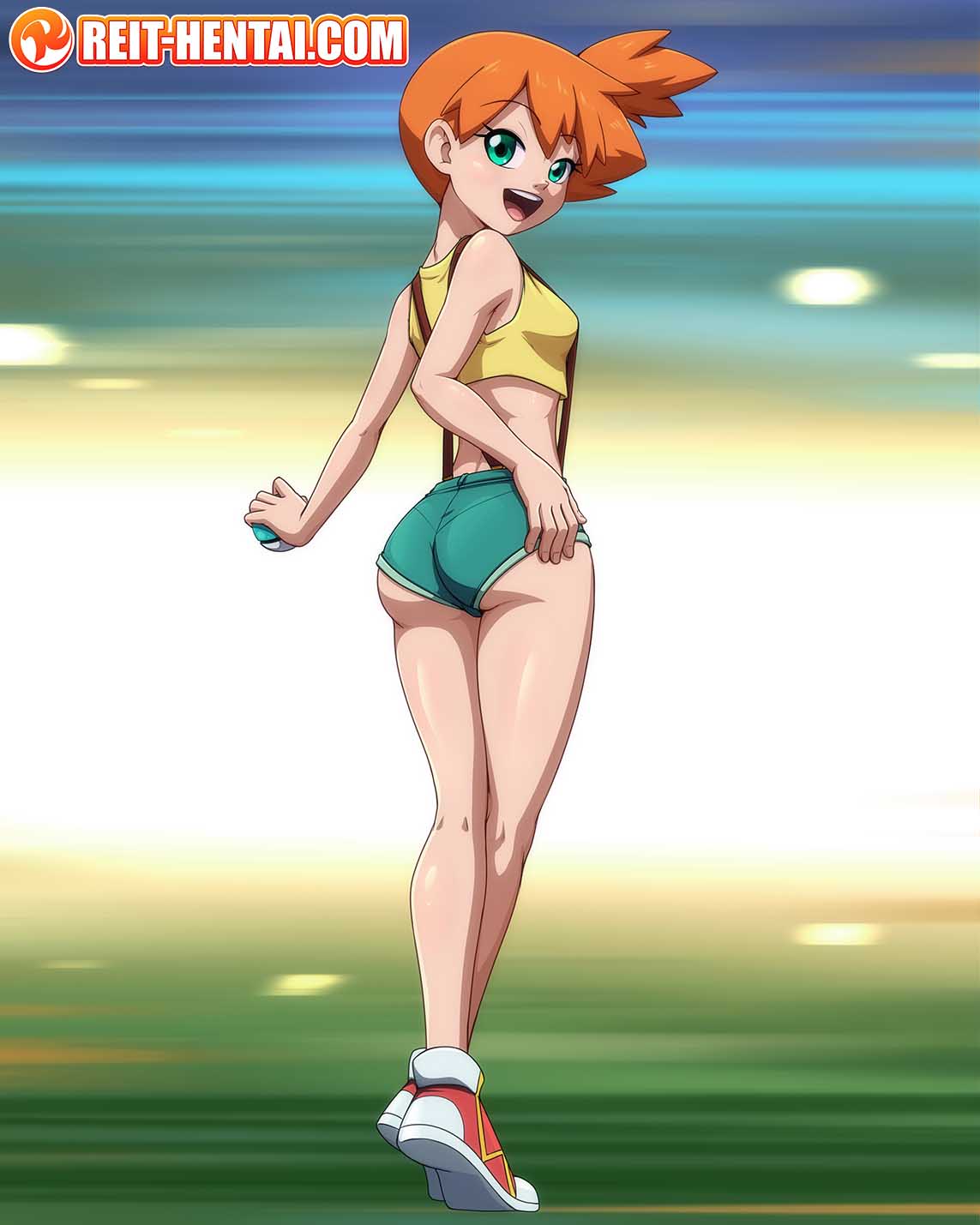 1girls 2023 artist_logo artist_website ass back_view clothed crop_top dive_ball female female_only game_freak green_eyes holding_pokeball jean_shorts looking_back looking_back_at_viewer misty_(pokemon) open_mouth orange_hair pokeball pokemon pokemon_rgby reit self_upload short_hair short_orange_hair short_shorts side_ponytail sneakers solo suspenders thick_thighs