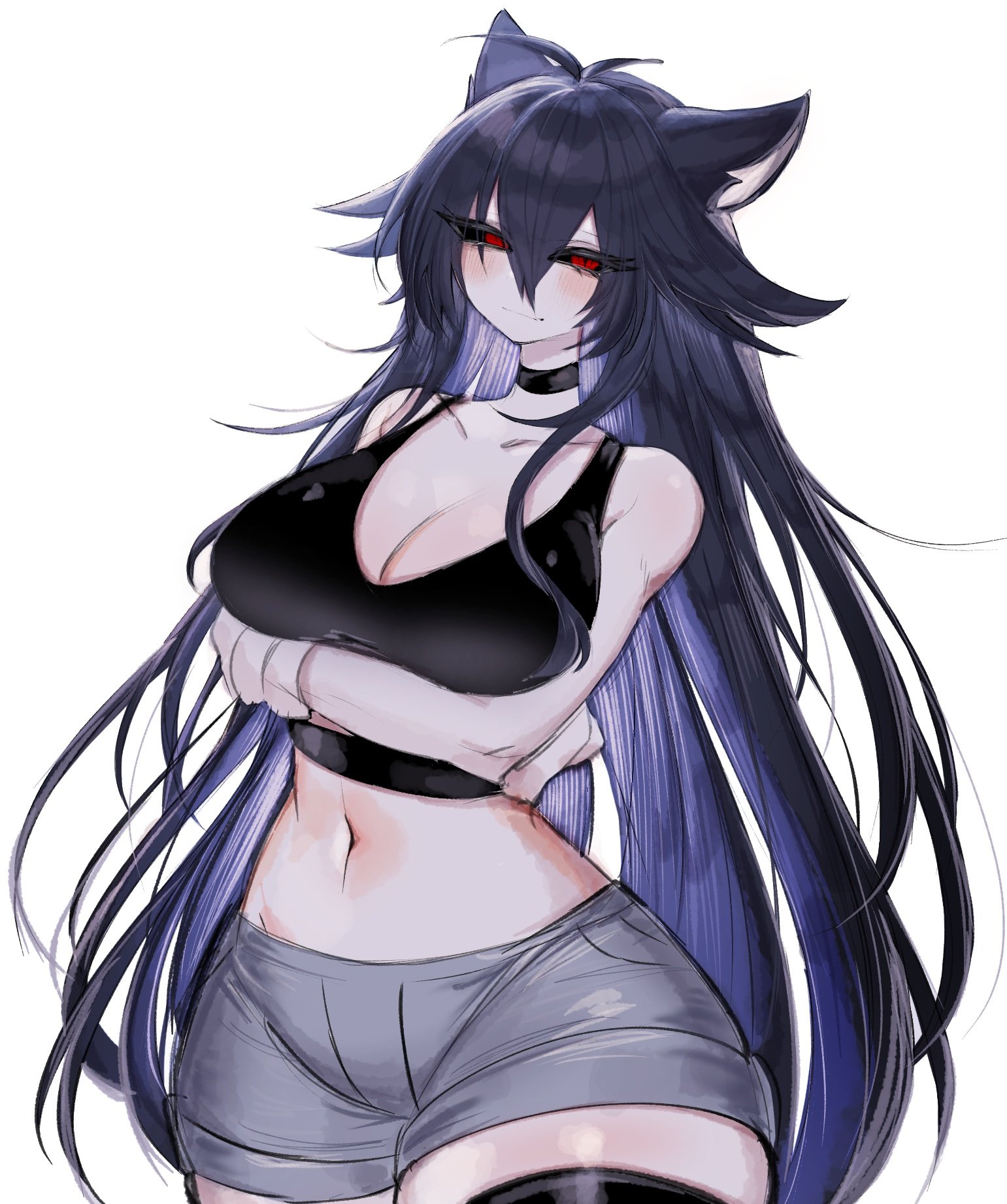 big breasts, blush, breasts, cleavage, female, human, humanized, long hair, red eyes, rule 63, sega, smug, solo, sonic (series), sonic the hedgehog, sonic the hedgehog (series), sonic.exe, sonic.exe (character), sonic.exe (series), sonica.exe, thick thighs, thighhighs, thighs, usa37107692