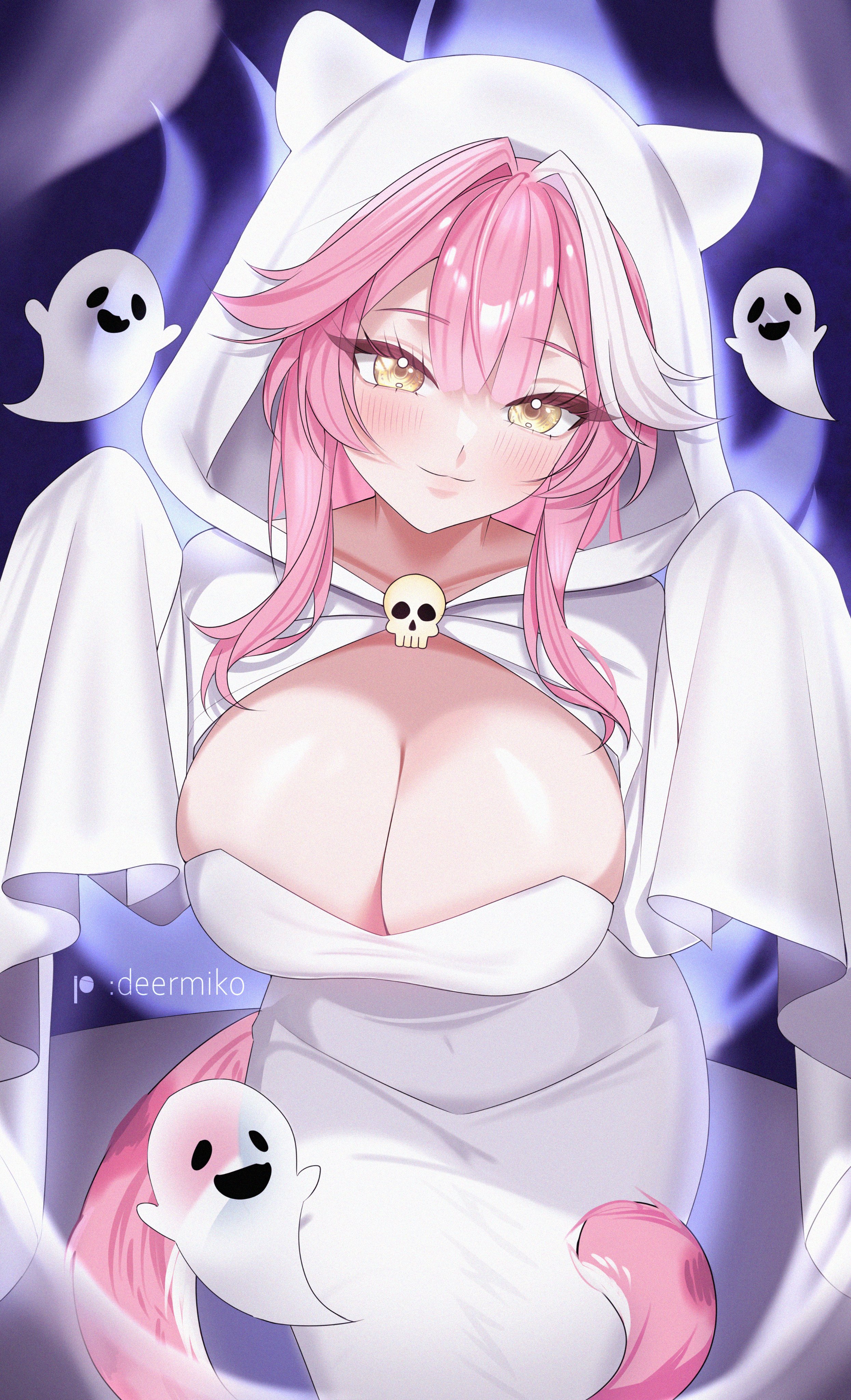 :3, absurdres, artist name, breasts, center-flap bangs, cleavage cutout, clothing cutout, commentary, deermiko, double-parted bangs, dress, english commentary, female, ghost, ghost costume, hair flaps, halloween, highres, hololive, hololive english, hololive english -justice-, hood, hood up, large breasts, looking at viewer, multicolored hair, panther girl, panther tail, patreon logo, pink hair, raora panthera, sidelocks, sleeves past fingers, sleeves past wrists, solo, streaked hair, tail, virtual youtuber, vtuber, white dress, white streaks, wide sleeves, yellow eyes, youtube, youtuber, youtuber girl, youtubers
