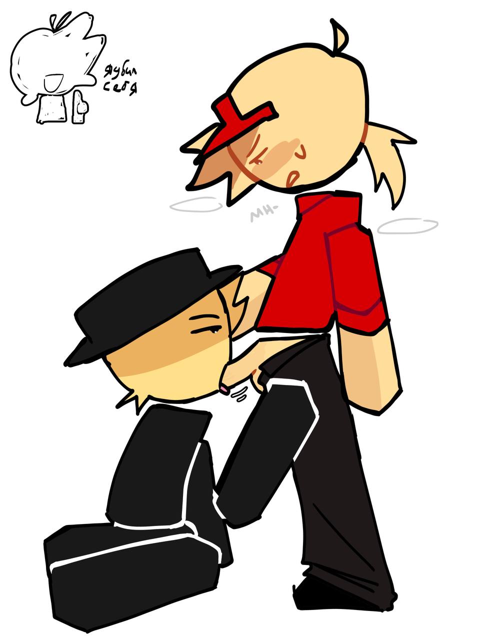 2025, 2boys, 2d, 2d (artwork), 2d artwork, 2male, 2males, 2men, ahoge, black clothing, black fedora, black pants, blocky body, blond male, blonde hair, blowjob, blowjob only, blowjob position, blush, breath clouds, clothed, clothed blowjob, clothed male, clothed sex, colored, digital, digital art, digital artwork (media), digital drawing, digital drawing (artwork), digital media, digital media (artwork), digital painting, digital painting (artwork), dominant male, doodle, doodles, dream game, elliot (forsaken), elliot (work at a pizza place), english text, face shadow, fedora, fellatio, female, forsaken (roblox), frozen soul, fully clothed, fully clothed male, gay, gay blowjob, gay domination, gay male, gay sex, gdz, groan, groaning, hair tuft, hand on partner's hair, hand on partner's head, hand on partner's thigh, mafioso (dream game), male, male only, male/female, messy hair, messy ponytail, motion lines, oral, oral sex, ponytail, red shirt, red visor, roblox, roblox game, robloxian, russian text, sex, short ponytail, sitting on floor, sitting on knees, submissive male, sweat, sweatdrop, sweating, text, tongue out, uncensored, work at a pizza place, yaoi, yellow body, yellow skin