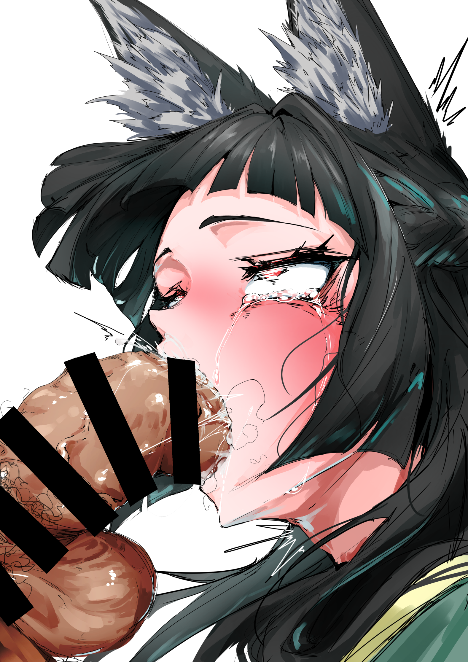 1boy1girl, 2025, animal ears, balls, blowjob, blush, brown body, censor bar, censored, clothed, clothed female nude male, clothing, crying, embarrassed, fellatio, female, furry, hair, hi res, hoshimi miyabi, hoyoverse, huge cock, light skin, light-skinned female, looking at partner, looking up, male, male/female, mihoyo, oral, oral sex, penis, penis in mouth, pubic hair, red eyes, saliva, simple background, veiny penis, white background, zenless zone zero