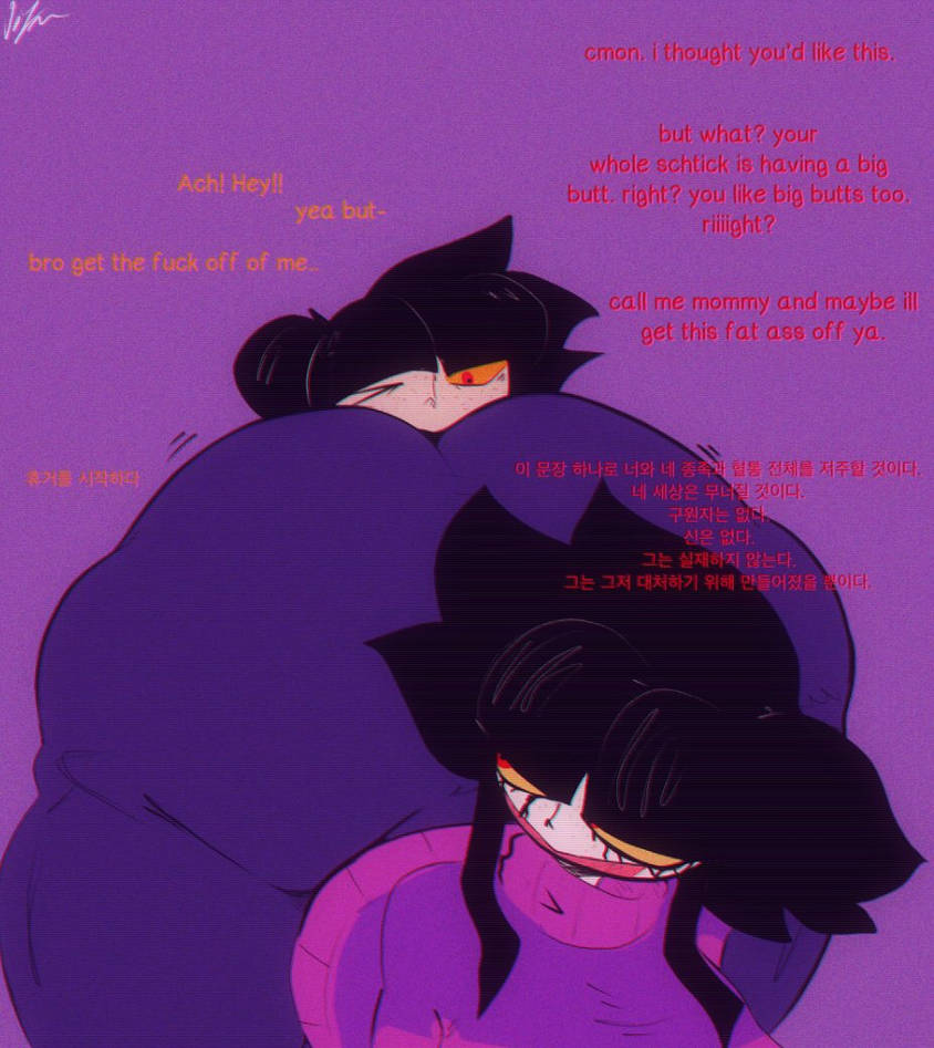 1girl1boy, ass, big ass, cryptic dialogue, dialogue, female, female on male, giygal, korean text, makima fart inflation, needlemouse (series), pinned to wall, pinned under ass, sammy henderson, sarah henderson (needlemouse), straight on gay, translation request