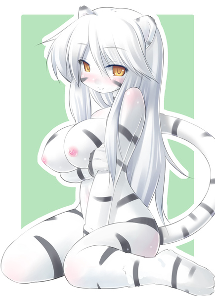 animal_ears anthro blush breasts brown_eyes female hair kourourin nude solo tail tiger_ears tiger_girl white_hair white_tiger white_tiger_girl