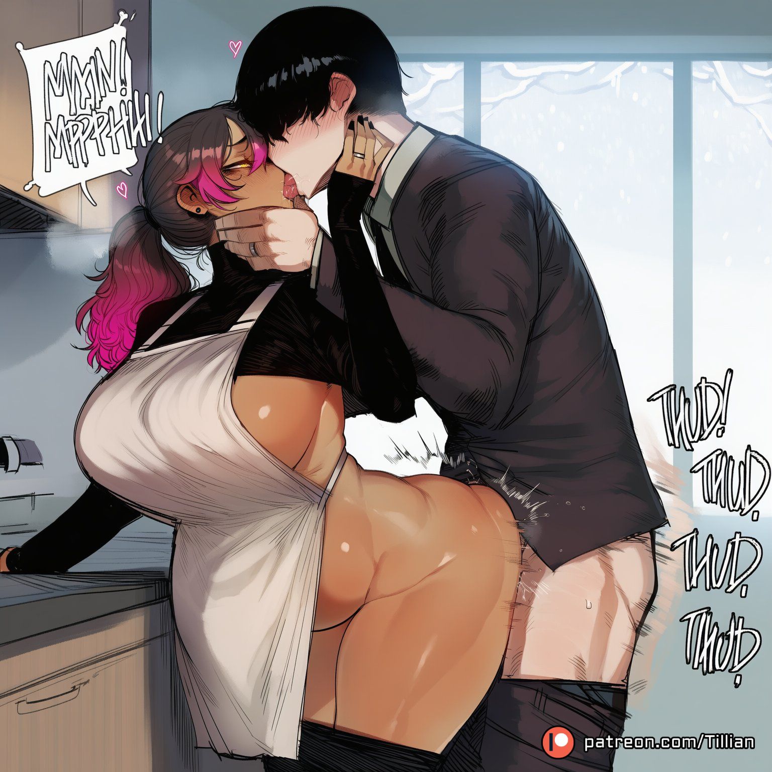 1boy, 1girls, ai generated, apron, ass, ass ripple, big belly, black hair, black nails, black pants, blush, breasts, brown hair, clothed sex, clothes lift, clothes pull, curvy, dark skin, dark-skinned female, doggystyle, earrings, english text, faceless, faceless male, female, french kiss, from side, gradient hair, hand on another's chin, heart, huge breasts, husband and wife, indoors, interracial, jewelry, kiss, kitchen, large breasts, long hair, long sleeves, male, mature female, maya (oc), motion lines, multicolored hair, multiple rings, original, original character, pants, pants pull, patreon logo, patreon username, pink hair, ponytail, pregnant, purple hair, ring, sex, sex from behind, shirt, sideboob, sound effects, speech bubble, standing, standing sex, stomach bulge, straight, suit, sweater, sweater lift, thick thighs, thighs, tillian, tongue, tongue out, turtleneck, wedding ring, white apron