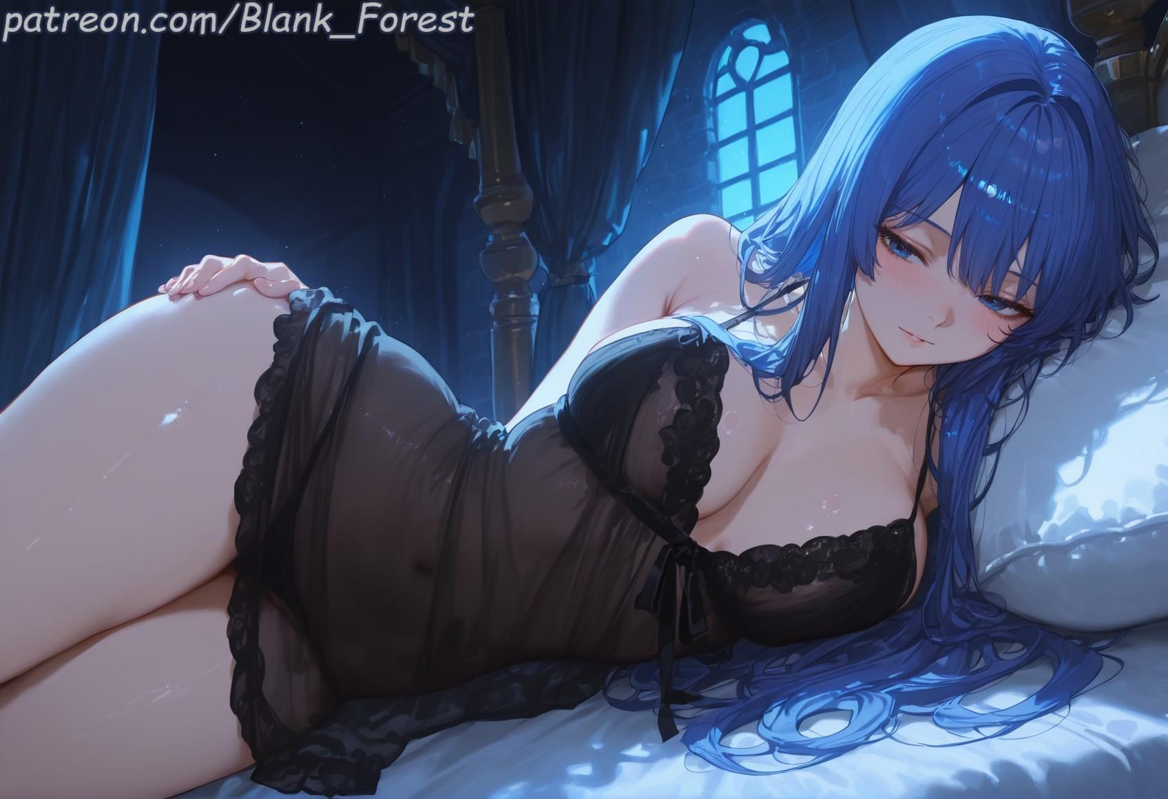 ai generated, arm support, babydoll, backlighting, bangs, bare shoulders, bed, bed sheet, bedroom, black bra, black panties, blank forest, blue eyes, blue hair, blush, bra, breasts, caeda (fire emblem), character name, chemise, cleavage, closed mouth, collarbone, covered navel, curtains, eyebrows visible through hair, female, fire emblem, fire emblem heroes, hair ornament, half-closed eyes, hand on hip, indoors, lace, lace-trimmed bra, lace-trimmed panties, large breasts, lingerie, lips, long hair, looking at viewer, lying, medium breasts, mole, mole on breast, mole under eye, mole under mouth, navel, negligee, night, nightgown, on bed, on side, panties, parted lips, pillow, princess, ribbon, royalty, see-through, sidelocks, smile, solo, stomach, sweat, teenage girl, teenager, thighs, underwear, underwear only, very long hair, window