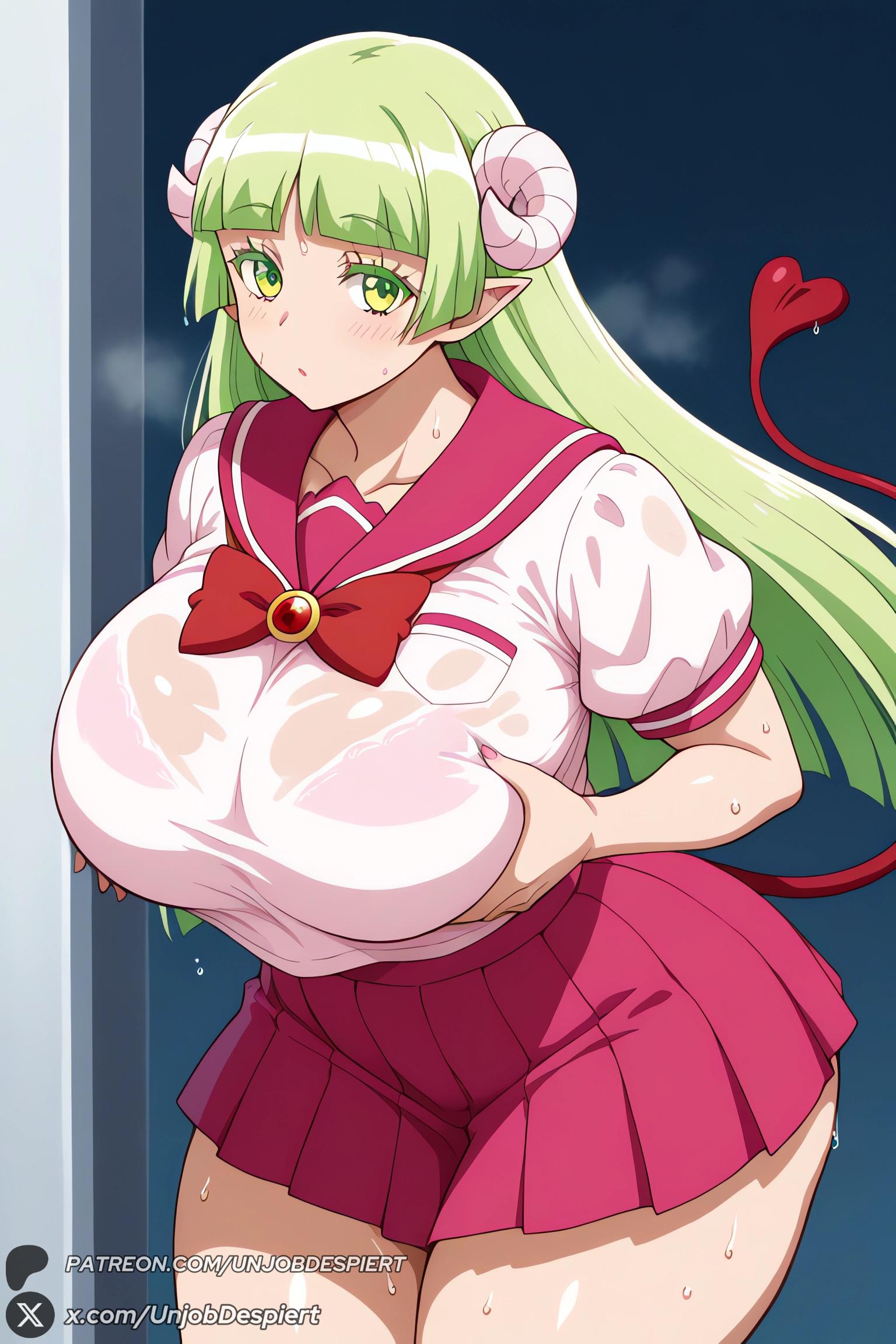 1female, 1girls, 2025, ai generated, artist name, bangs, big ass, big breasts, blunt bangs, blush, bow, bowtie, bra, bra visible through clothes, breasts, curled horns, curvy, demon girl, demon horns, demon tail, female, female only, green eyes, green hair, hi res, high quality, high resolution, highres, horns, huge ass, huge breasts, large breasts, long hair, looking at viewer, mairimashita! iruma-kun, patreon, patreon username, pink skirt, pleated skirt, pointy ears, red sailor collar, red skirt, sailor collar, school uniform, see-through, serafuku, shirt, short sleeves, skirt, solo, sweat, tail, thick thighs, thighs, underwear, unjobdespiert, valac clara, watermark, wet, wet clothes, wet shirt, white shirt