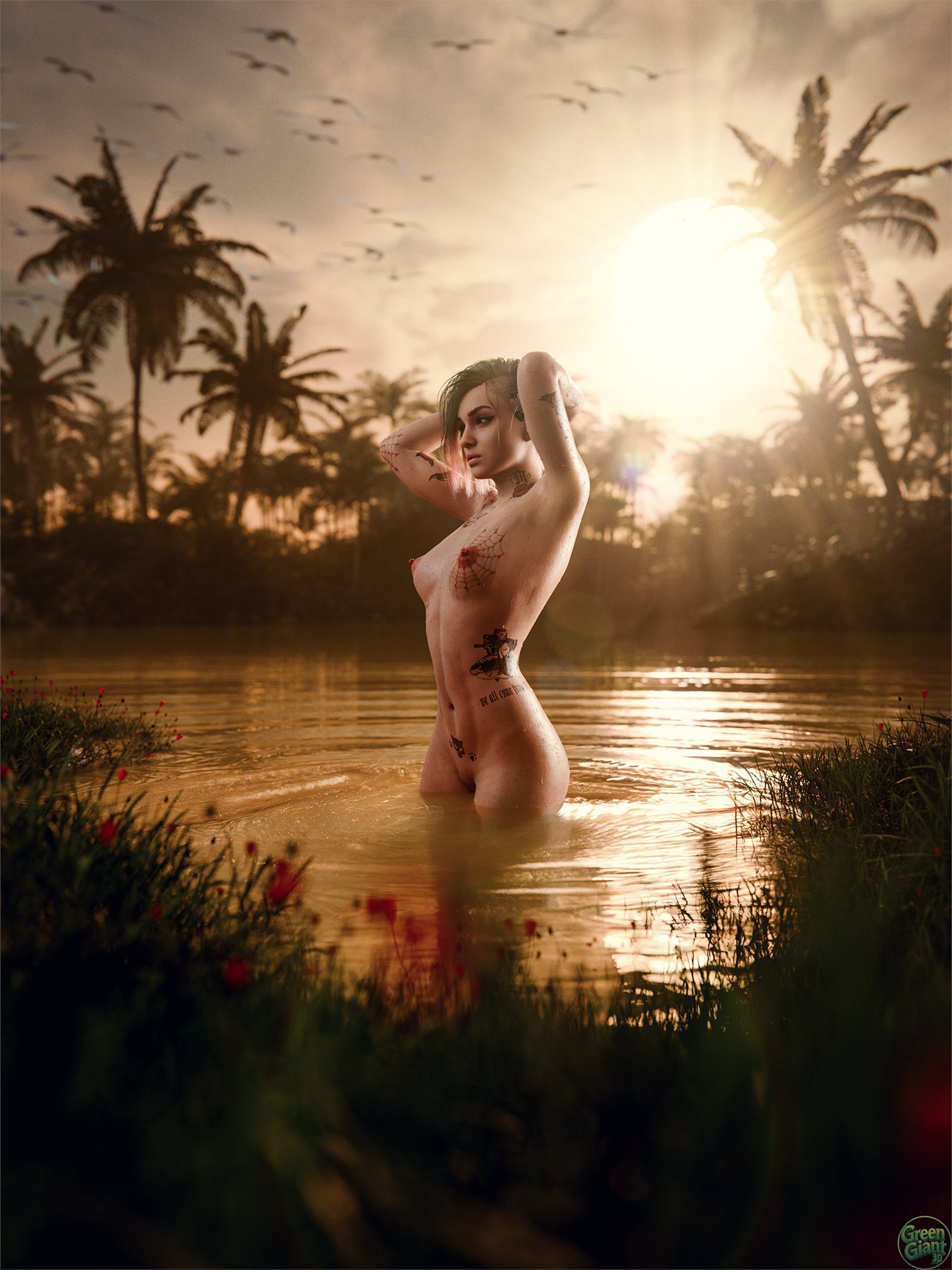 1girls, 2025, 3d, areolae, big areolae, big ass, breasts, completely nude, cyberpunk 2077, erect nipples, eyeliner, female, female only, green and purple hair, greengiant3d, hairless pussy, judy alvarez, lipstick, medium breasts, nipples, nude, nude female, outdoor nudity, outdoors, partially submerged, partially visible vulva, pubic tattoo, pussy, shaved side, short hair, solo, standing, standing in water, submerged legs, sunset, tattoo, tattoos, tattoos everywhere, winged eyeliner