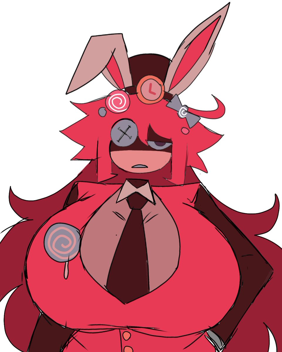 1girls, annoyed, big breasts, breasts, bunny ears, button eye, candy, clock, clothed, dangerous forest, female, fpe, fully clothed, fundamental paper education, half-closed eyes, huge breasts, kaaatie, large breasts, lolipop, long hair, looking at viewer, machine girl (kaaatie), momiji (artist), red hair, round breasts, tagme, tie, tired, vivian (kaaatie)