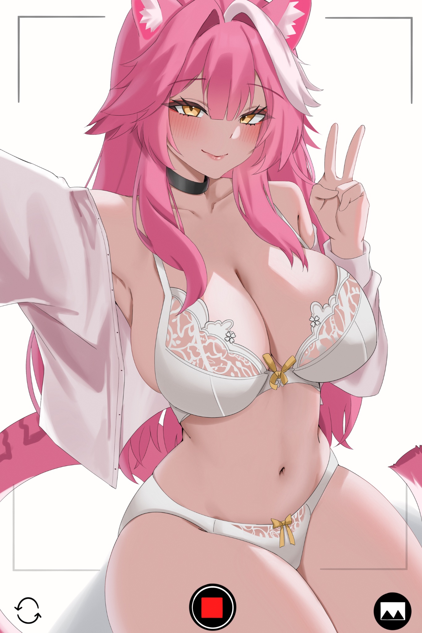 1girls, animal ear fluff, animal ears, animal tail, black choker, blush, blushing, bra, breasts, chocker, choker, closed mouth, double-parted bangs, female, female only, hair between eyes, hair intakes, hand up, hashtag-only commentary, highres, hololive, hololive english, hololive english -justice-, huge breasts, kemonomimi, large breasts, lingerie, long hair, long sleeves, looking at viewer, multicolored hair, navel, open clothes, open shirt, outstretched arm, panther ears, panther girl, panther tail, panties, peace sign, pink hair, pink hair female, pink tail, pink-haired female, raora panthera, selfie, shirt, simple background, sitting, smile, sole female, solo, tail, thick thighs, two-tone hair, underwear, v, very long hair, viewfinder, virtual youtuber, vtuber, white background, white bra, white hair, white panties, white shirt, yellow eyes, yellow eyes female, yellow-eyed female, yobi (ybpac18), youtube, youtuber, youtuber girl, youtubers