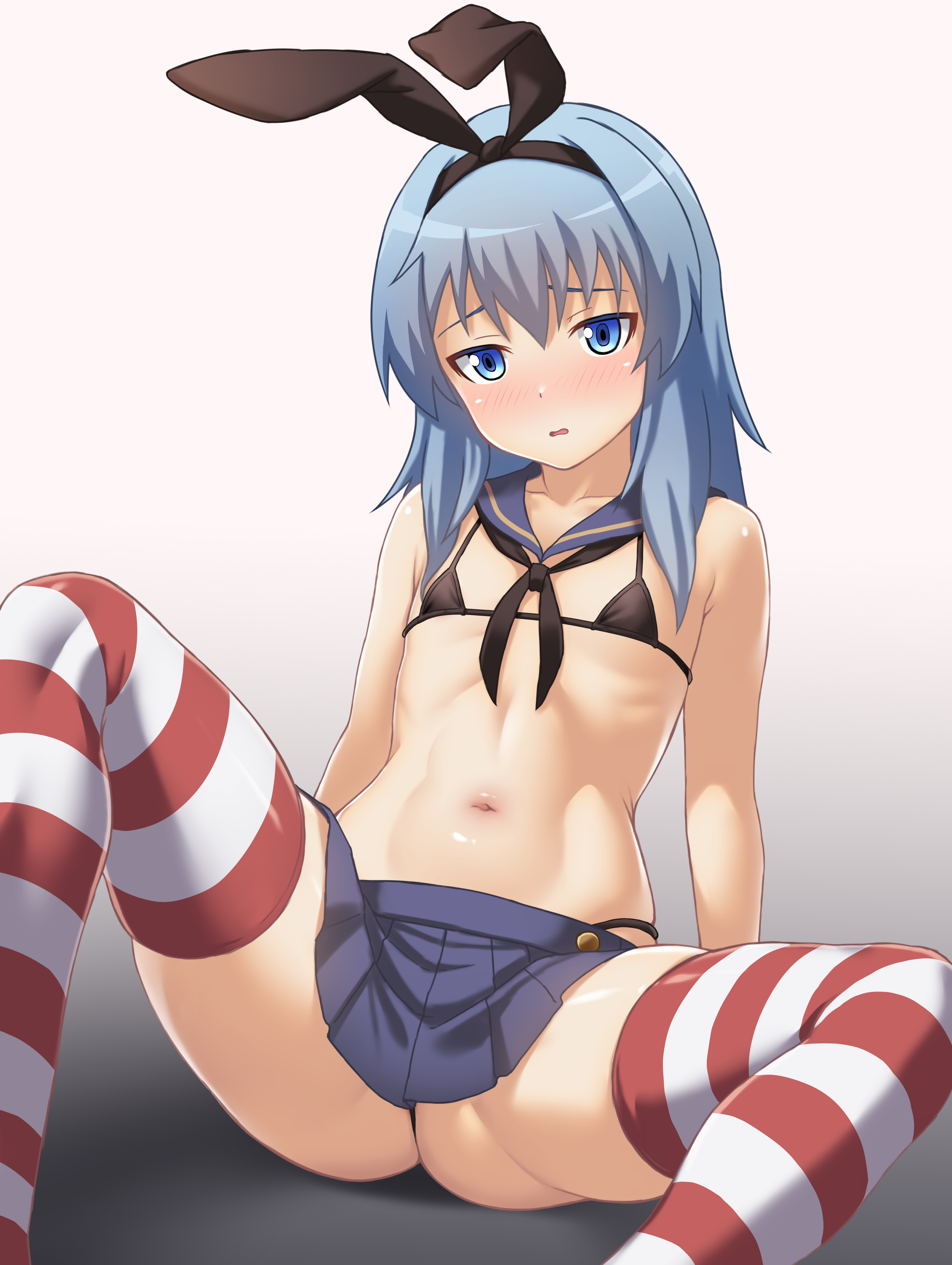 assassination classroom, bikini top, black hairband, blue eyes, blue hair, blue skirt, blush, bunny ears headband, crossdressing, crossdressing male, headband, hi res, looking at viewer, male, shimakaze (kantai collection) (cosplay), shiota nagisa, shoulder length hair, skirt, solo, solo femboy, solo male, striped legwear, striped thighhighs, thong, thong straps, yadzuka