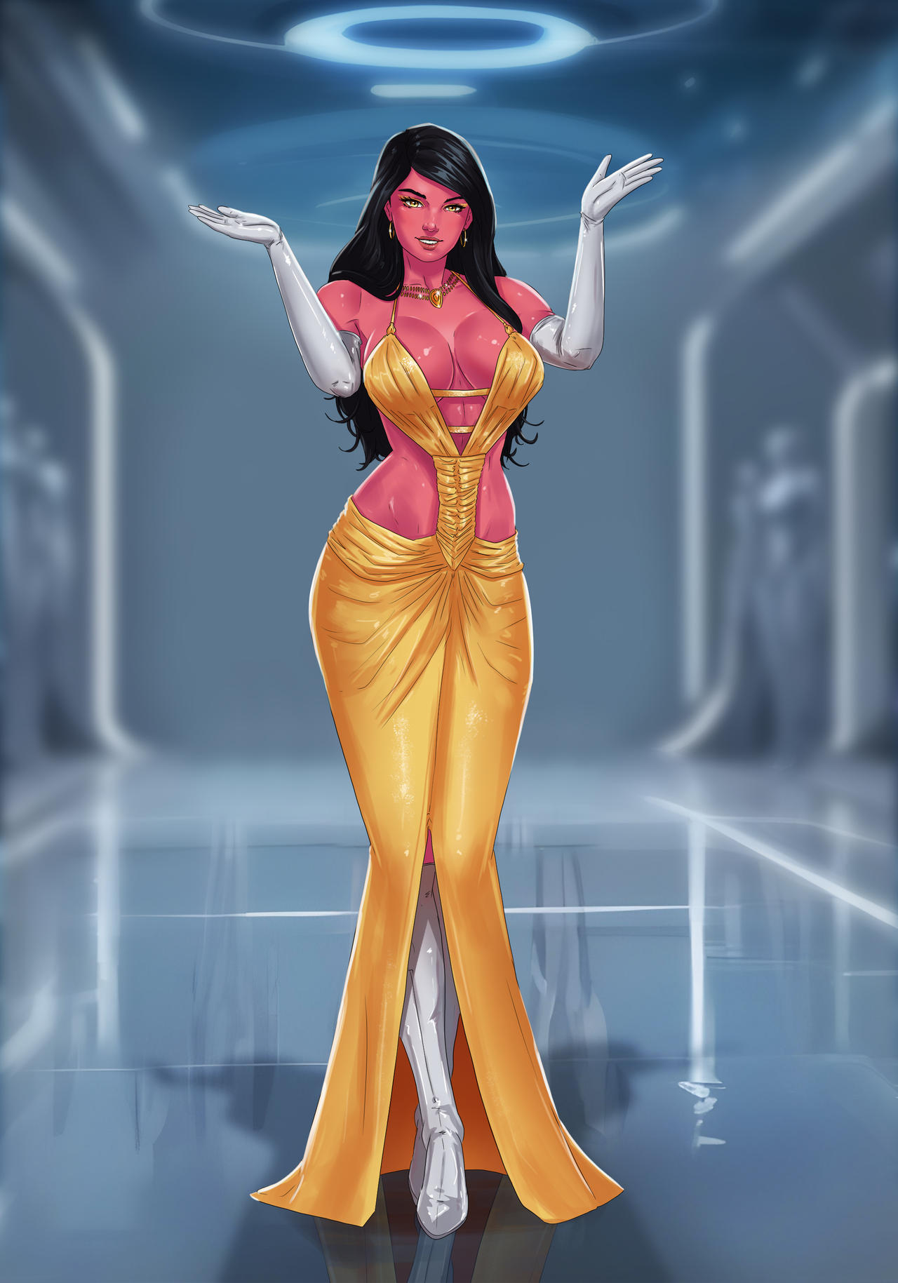 1girls, alien, alien girl, alien humanoid, amenoosa, black hair, boots, breasts, cleavage, dress, earrings, fashion, fashion model, female, female only, gold eyes, gold jewelry, golden eyes, impractical dress, jewelry, large breasts, long gloves, long hair, necklace, original character, pink skin, runway, science fiction, slit dress, smiling at viewer, solo female, star wars, star wars oc, suggestive pose, teeth showing, tight clothing, walking towards viewer, waving, white boots, white gloves, yellow dress, zeltron