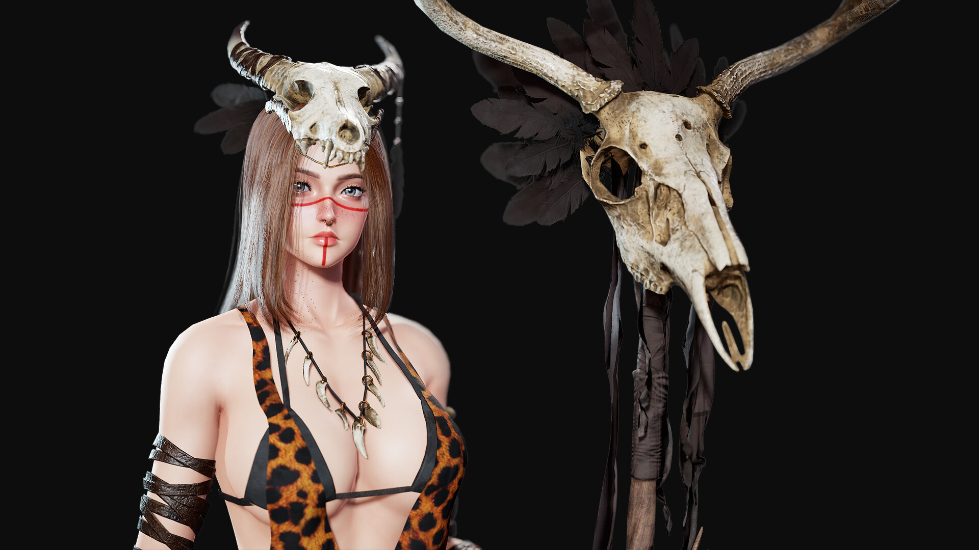 1girls, 3d, 3d (artwork), 3d model, 3d render, big breasts, bone necklace, breasts, digital media, digital media (artwork), face markings, facepaint, facial markings, female, fit, fit female, human, human shaman, idafaber, light skin, light-skinned female, markings, pagan, paganism, primal, seer, sexy, sexy body, shaman, shamaness, skull, staff, tribal, tribal female, tribal markings, tribal paint, tribal spellcaster, unity (engine), unreal engine, witch