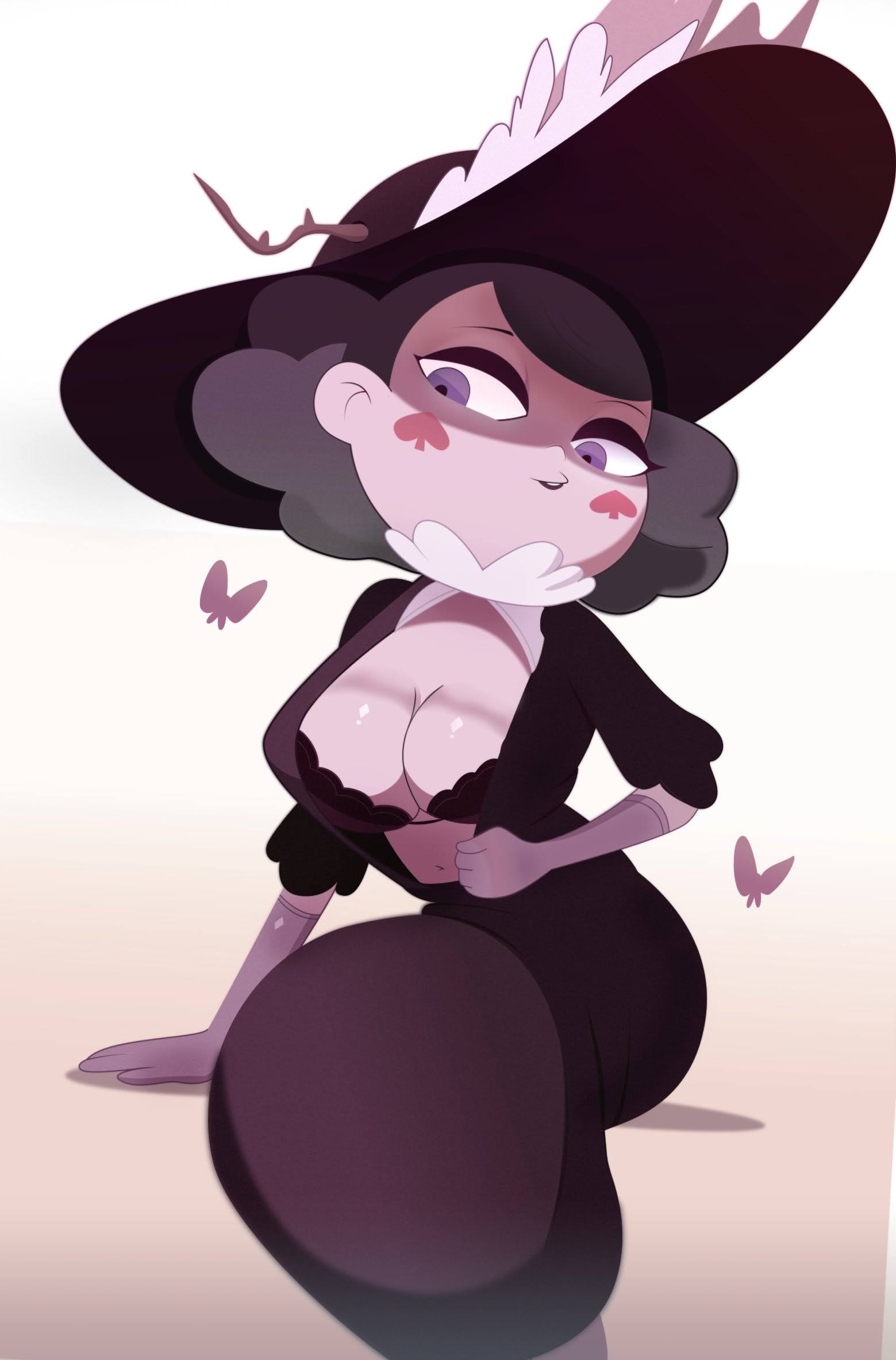 1girls, black bra, black dress, black hair, black headwear, blush stickers, bra, breasts, bug, butterfly, center opening, cleavage, cleavage cutout, clothing, colored skin, dress, eclipsa butterfly, elbow gloves, feathers, female, gloves, gosgoz, grey gloves, hat, hat feather, headwear, large breasts, makeup, navel, open clothes, presenting, presenting breasts, purple eyes, purple gloves, purple skin, short hair, sitting, solo, star vs the forces of evil, sun hat, underwear