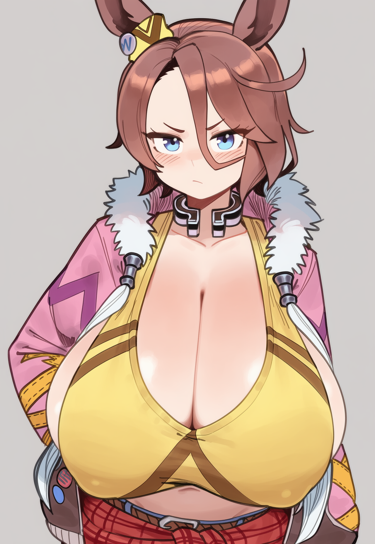 1girls, alternate breast size, big breasts, blue eyes, blush, breasts, brown hair, cleavage, female, female only, gigantic breasts, hanging breasts, horse ears, horse girl, huge breasts, large breasts, narita taishin (umamusume), nipple bulge, short hair, solo, umamusume, umamusume pretty derby, unknown artist